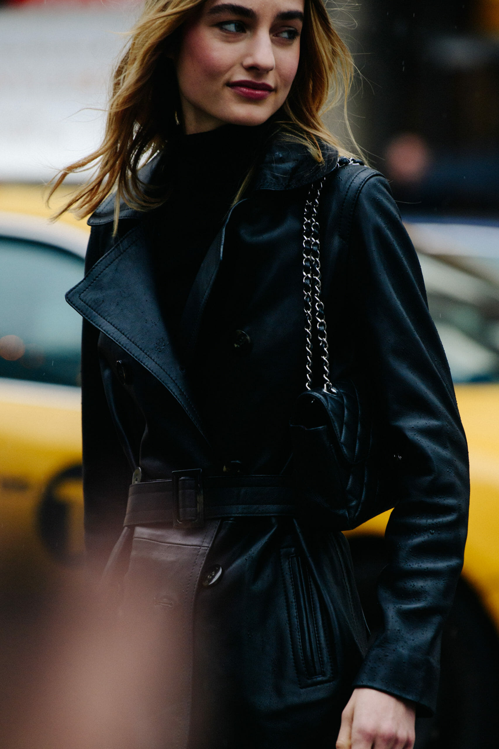Model wearing leather coat