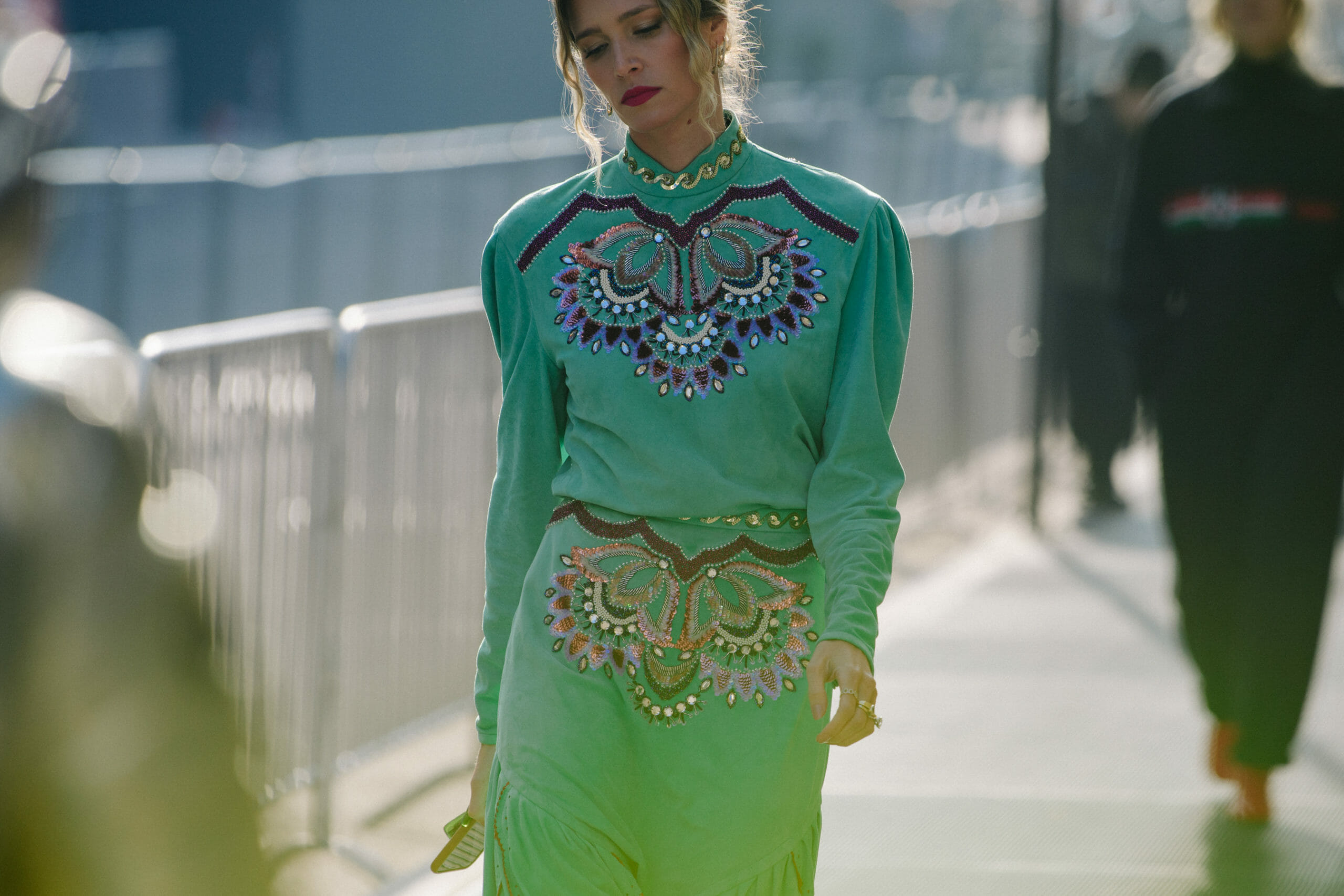 Woman wearing green dress