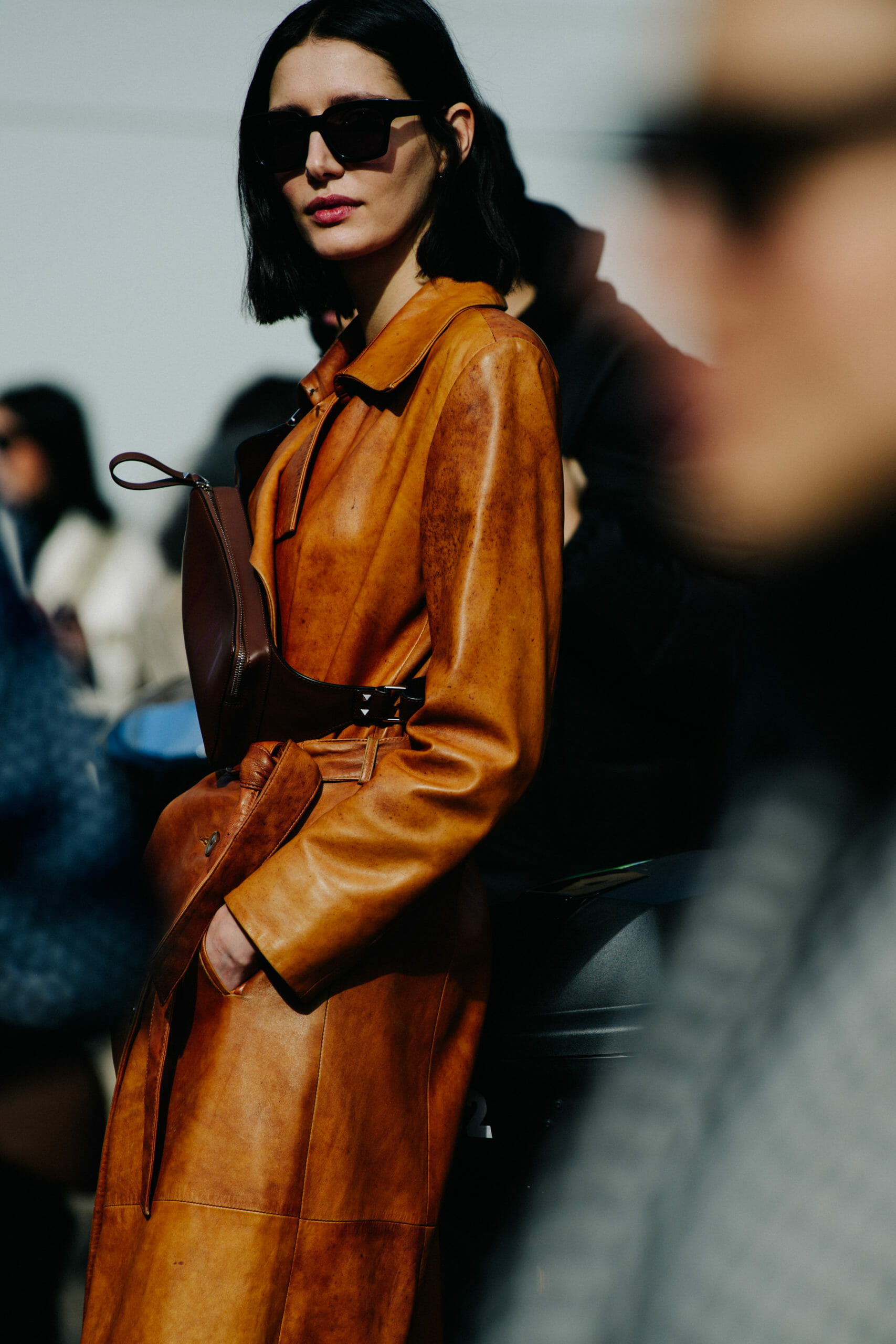 Georgian model wearing leather coat