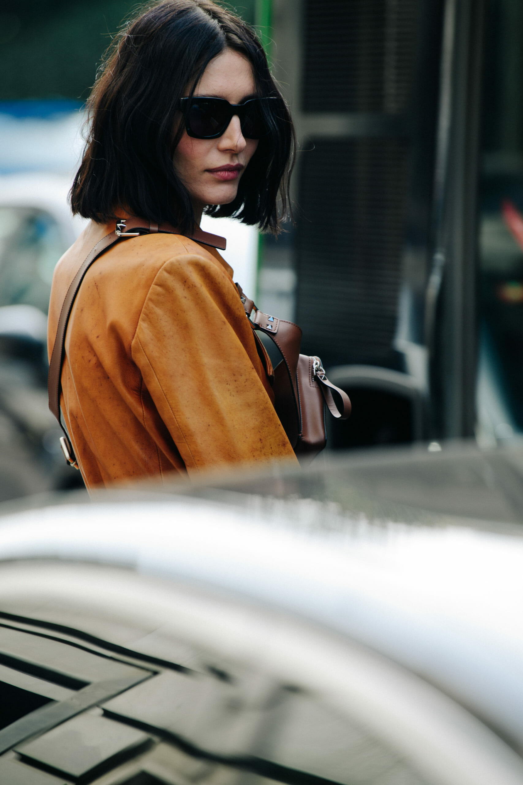 Georgian model wearing leather coat