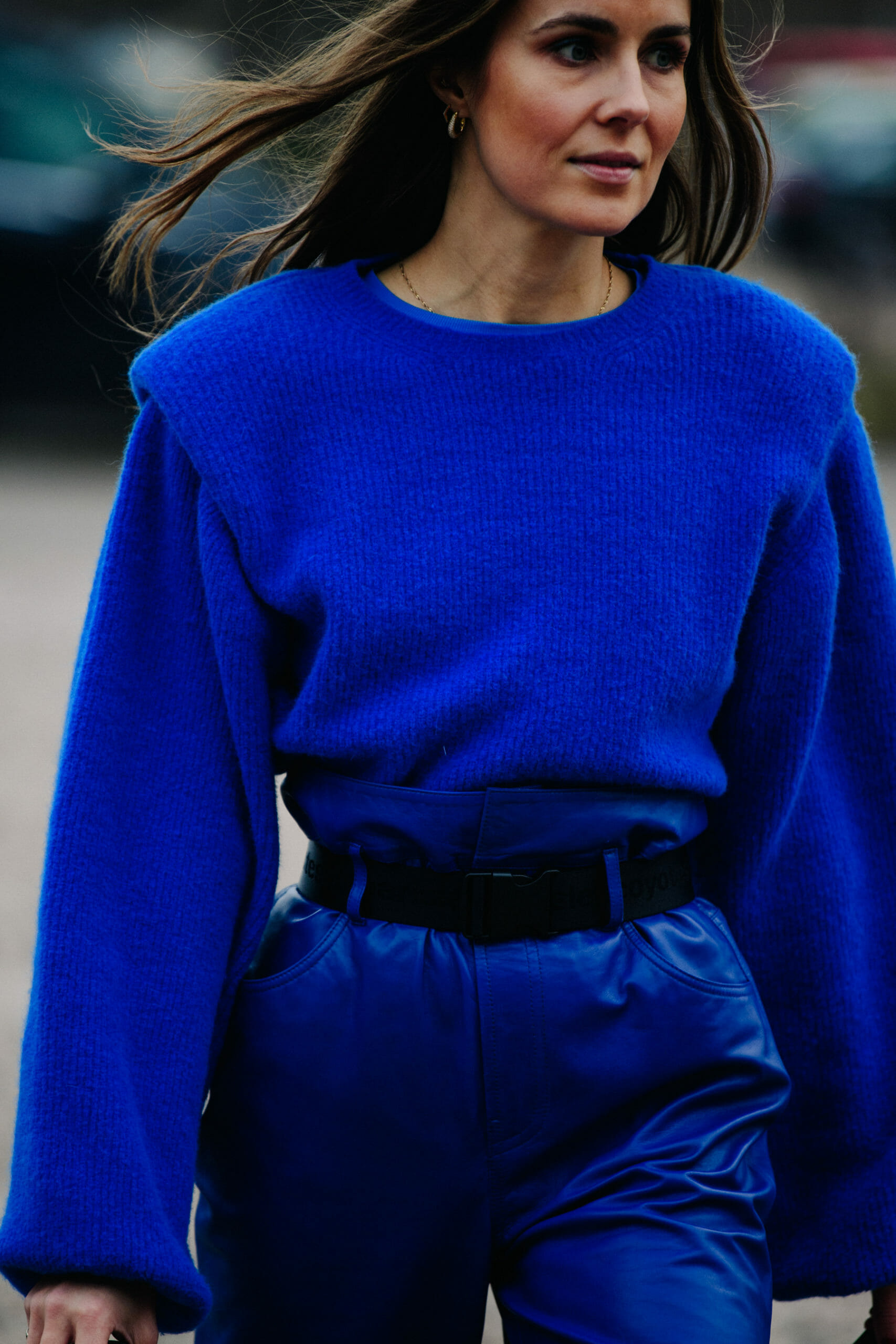 Woman wearing blue outfit