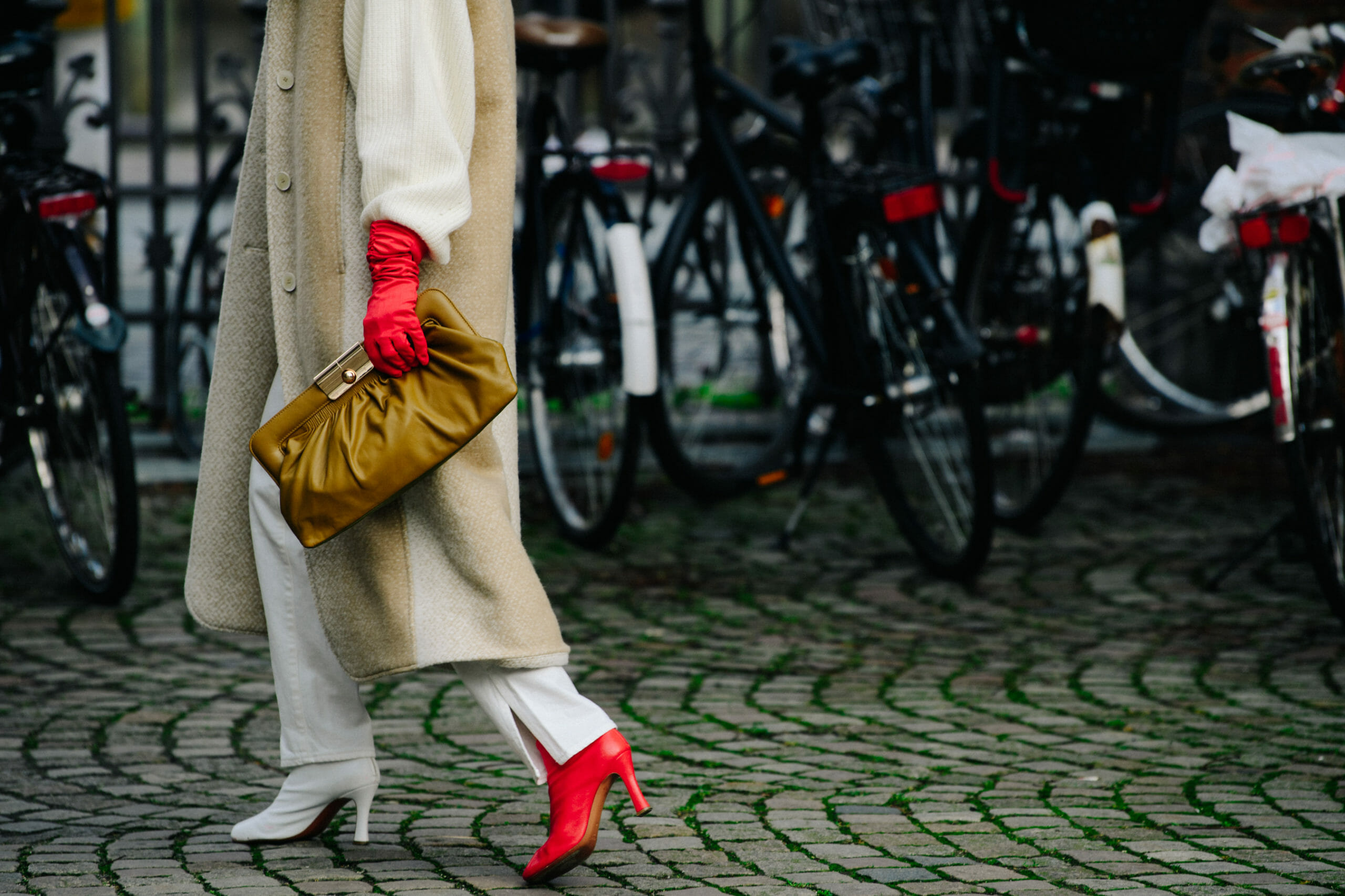 Woman wearing red gloves
