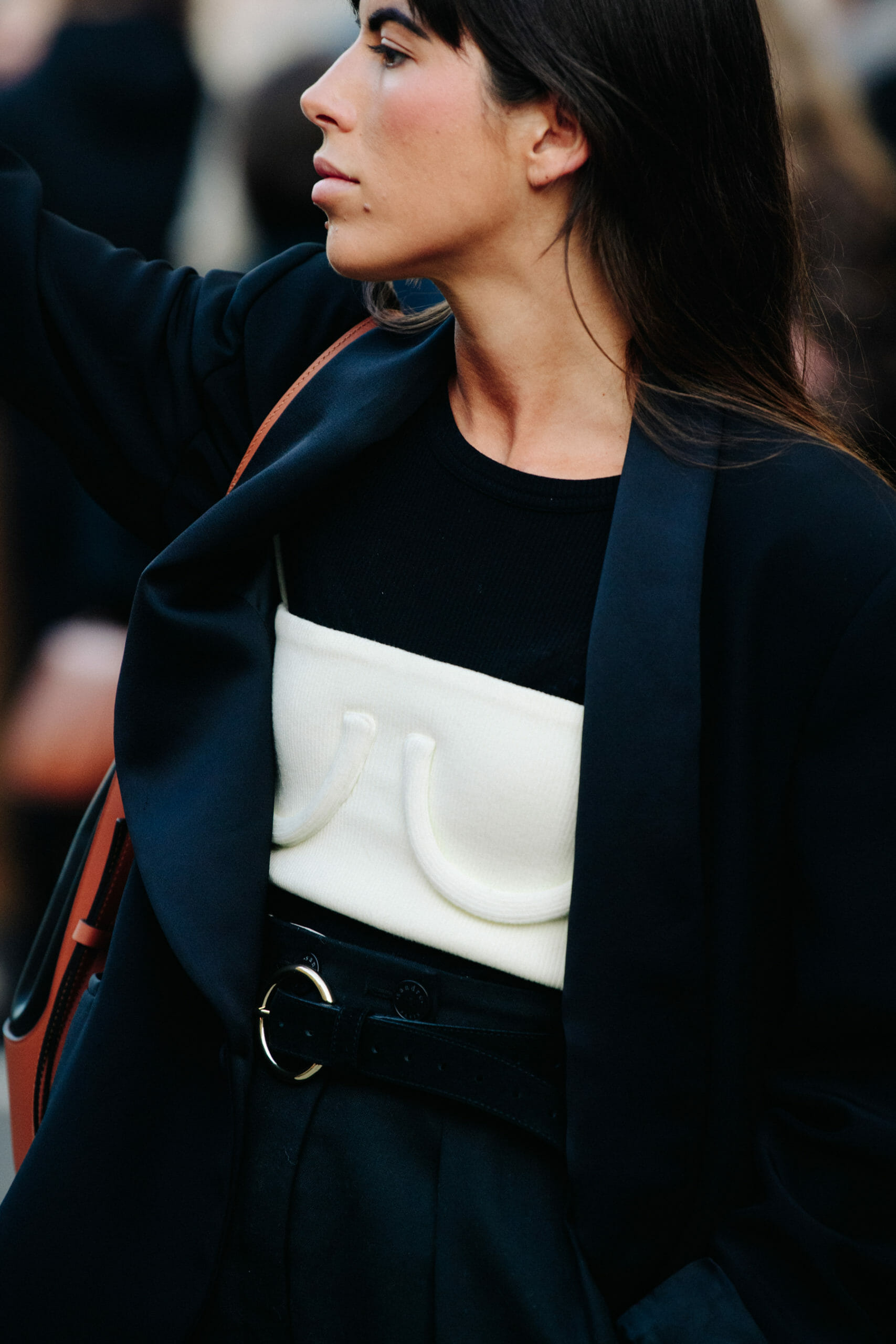 Woman wearing black suit