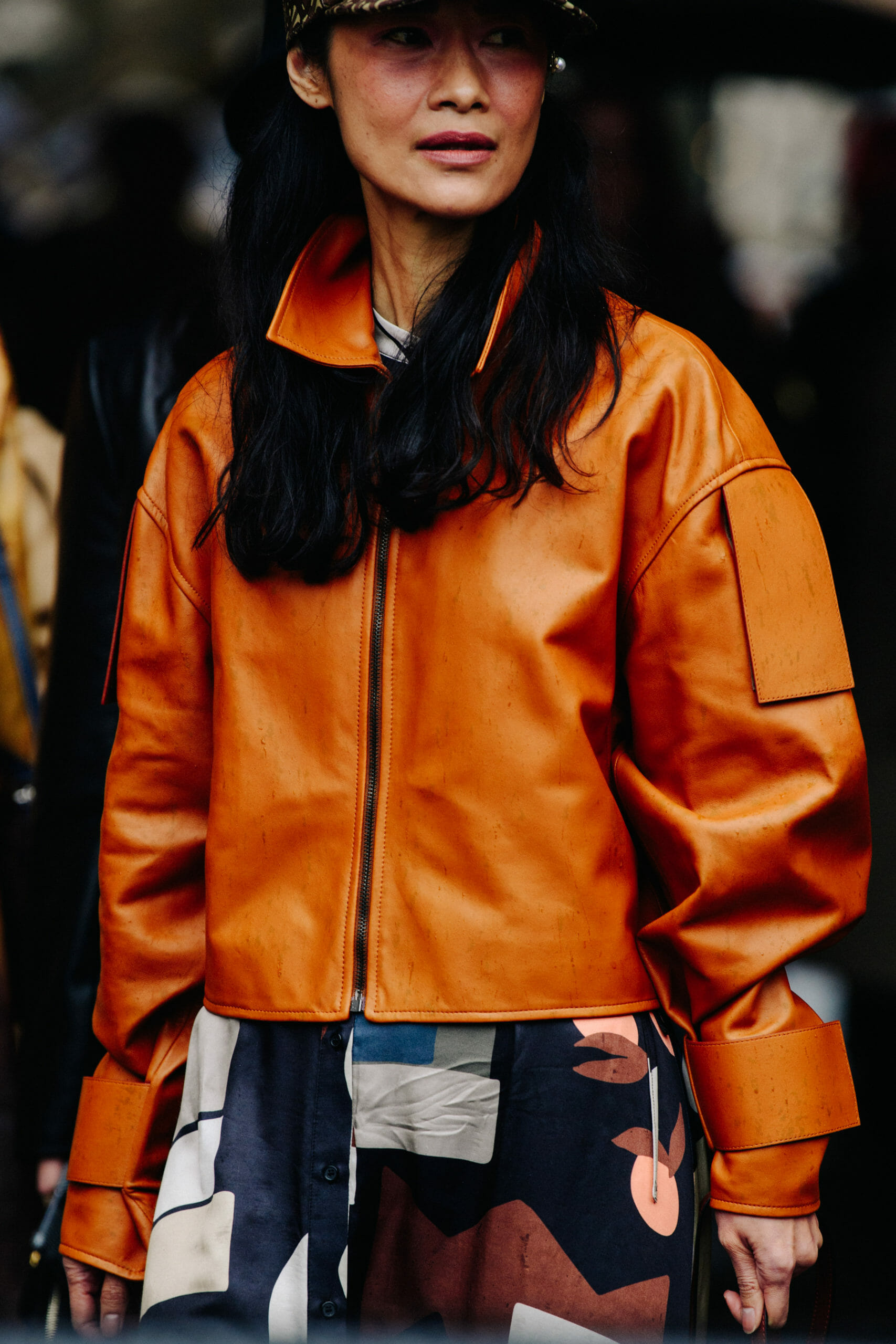 Woman wearing leather jacket
