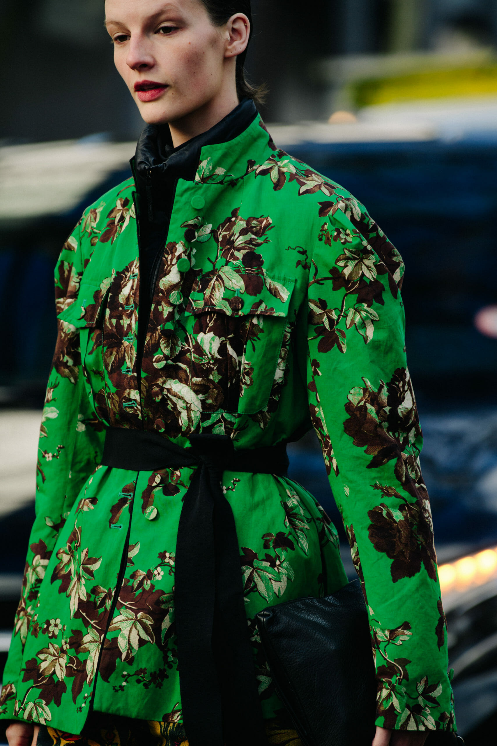 Model wearing green jacket