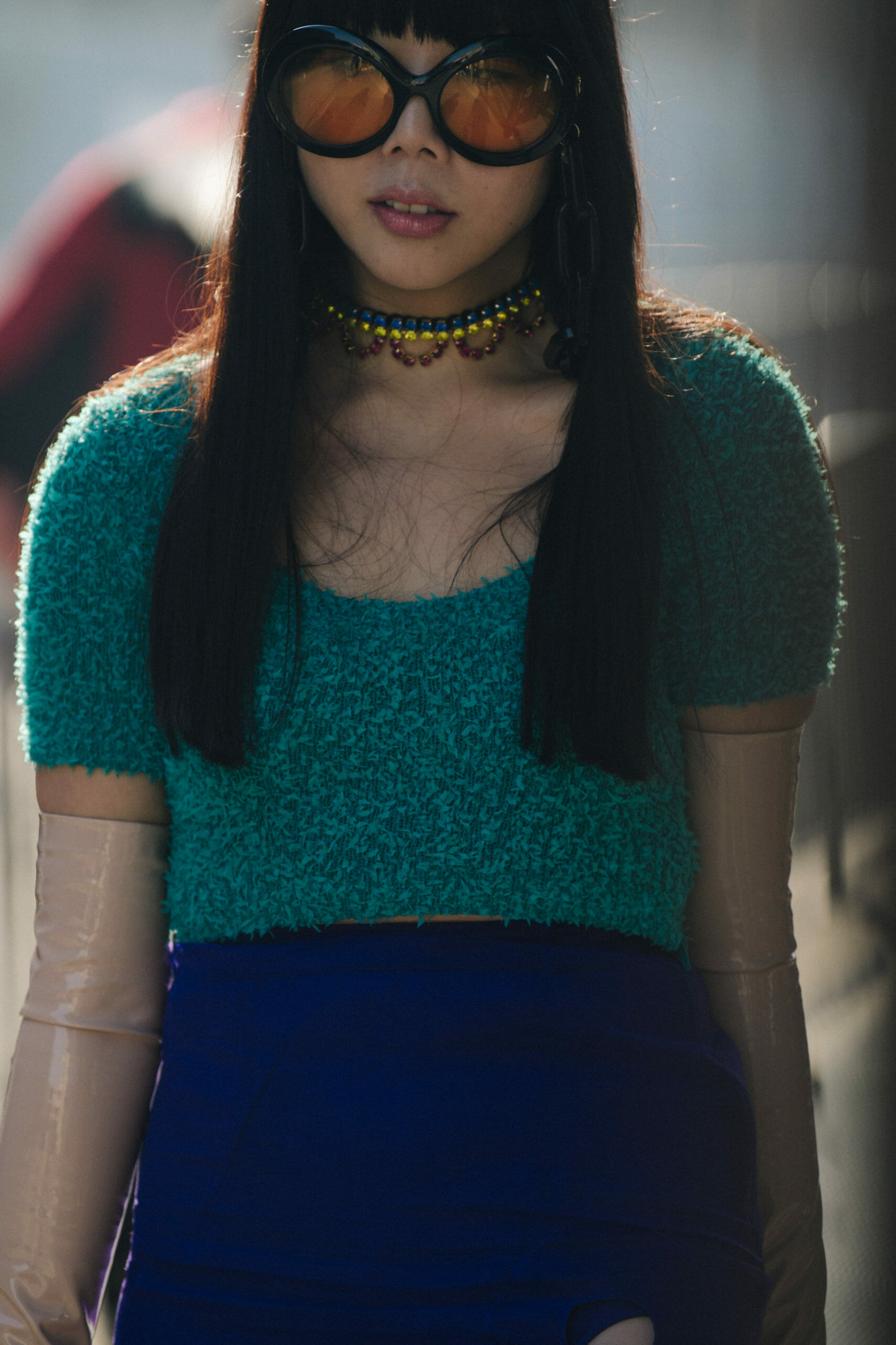 Woman wearing blue outfit