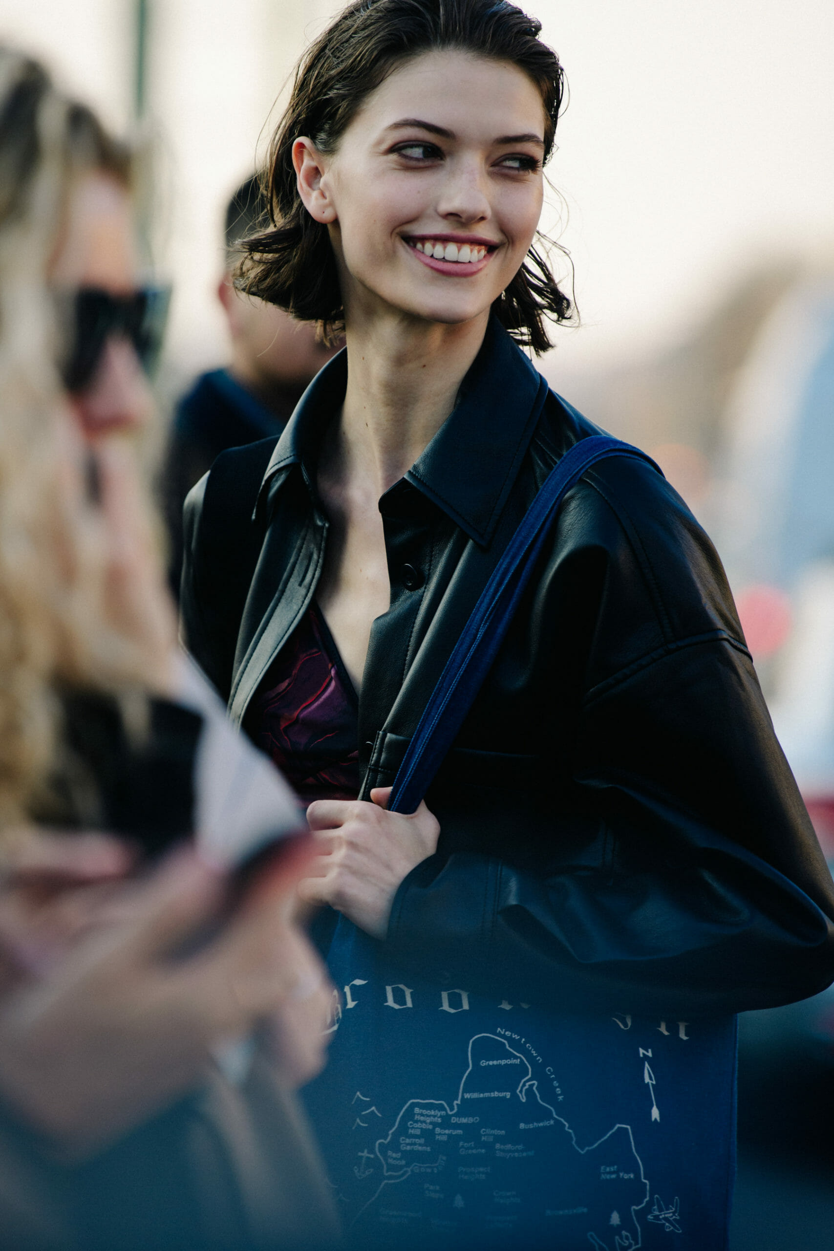 Woman wearing leather shirt