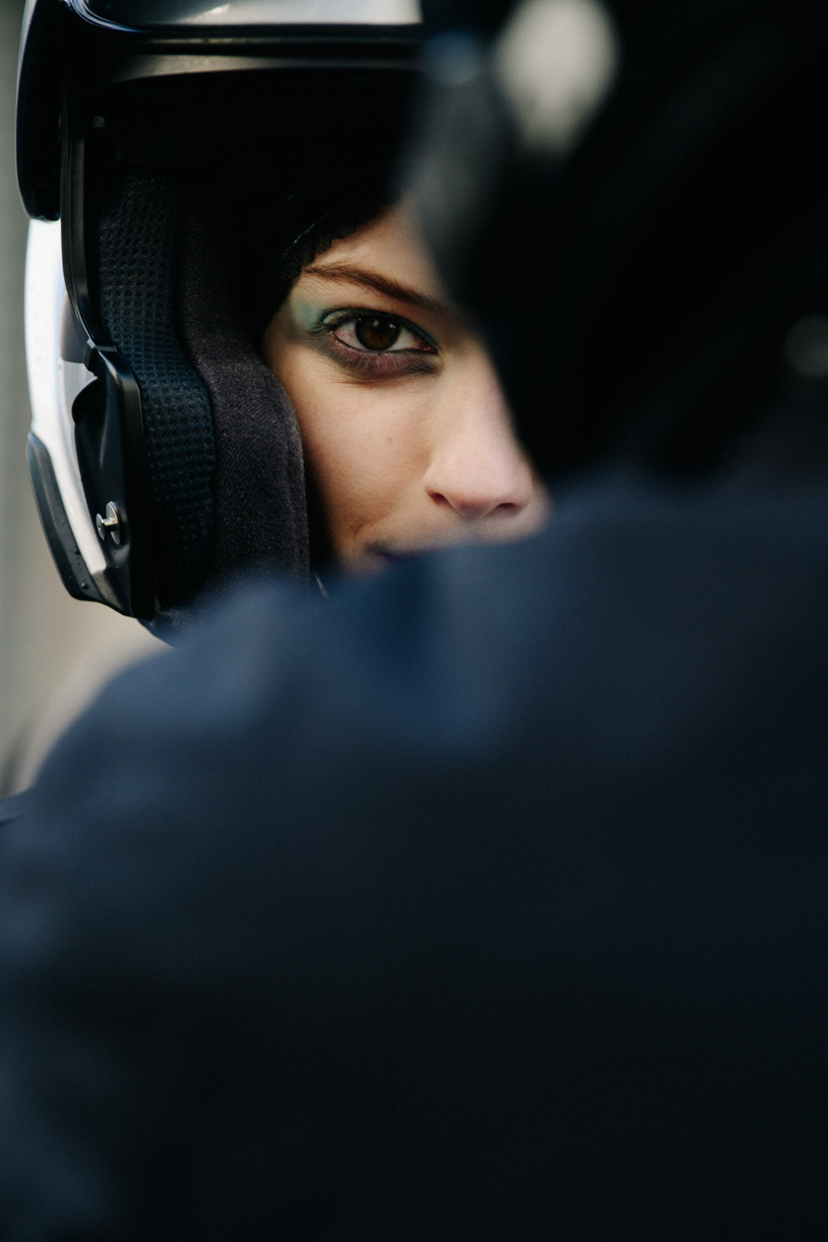 Model wearing helmet