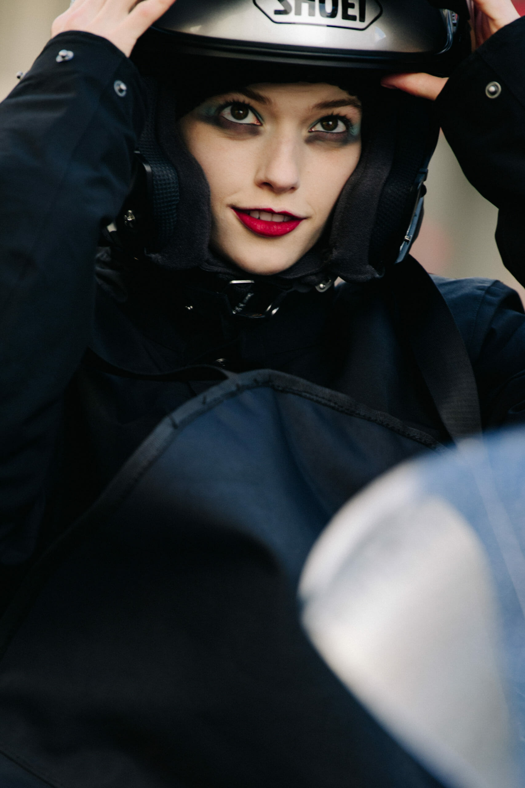 Model wearing helmet