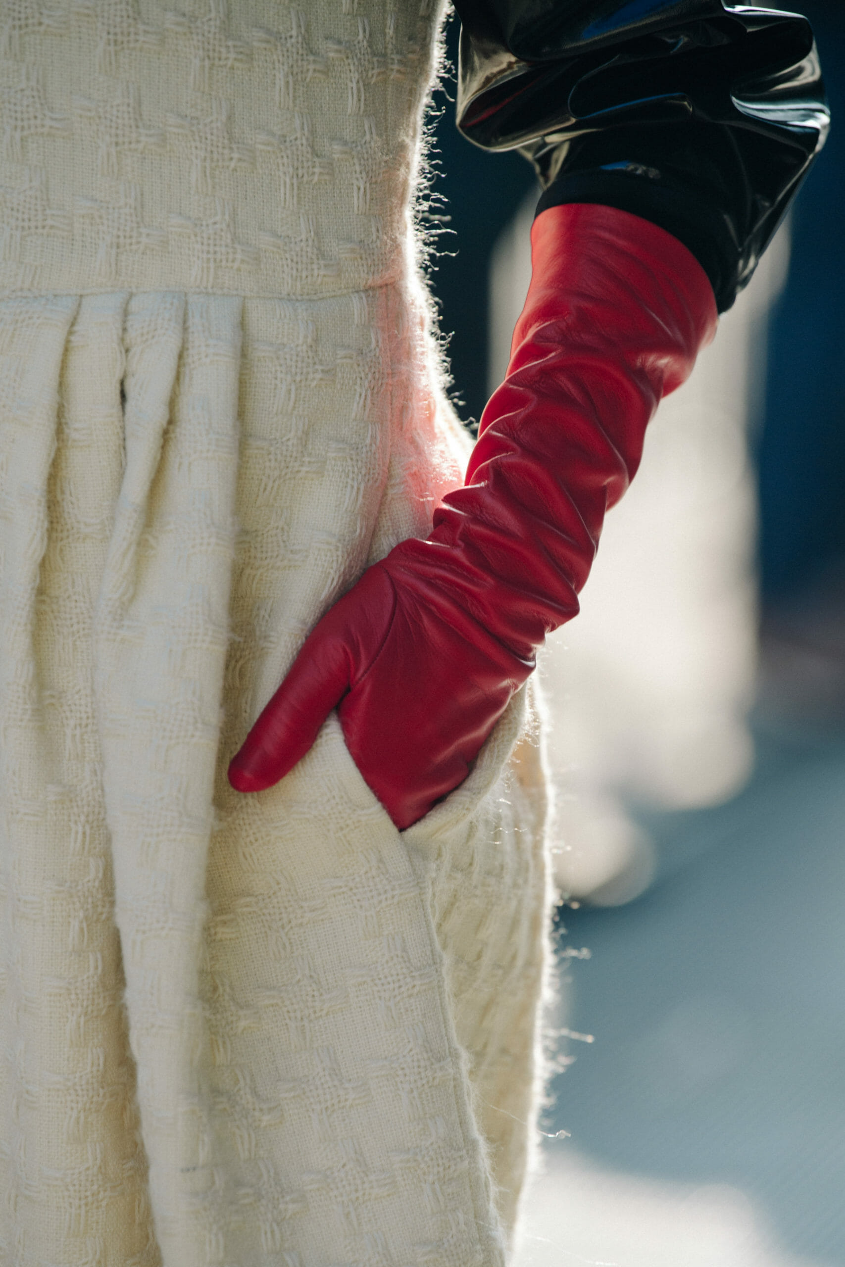 Woman wearing red gloves