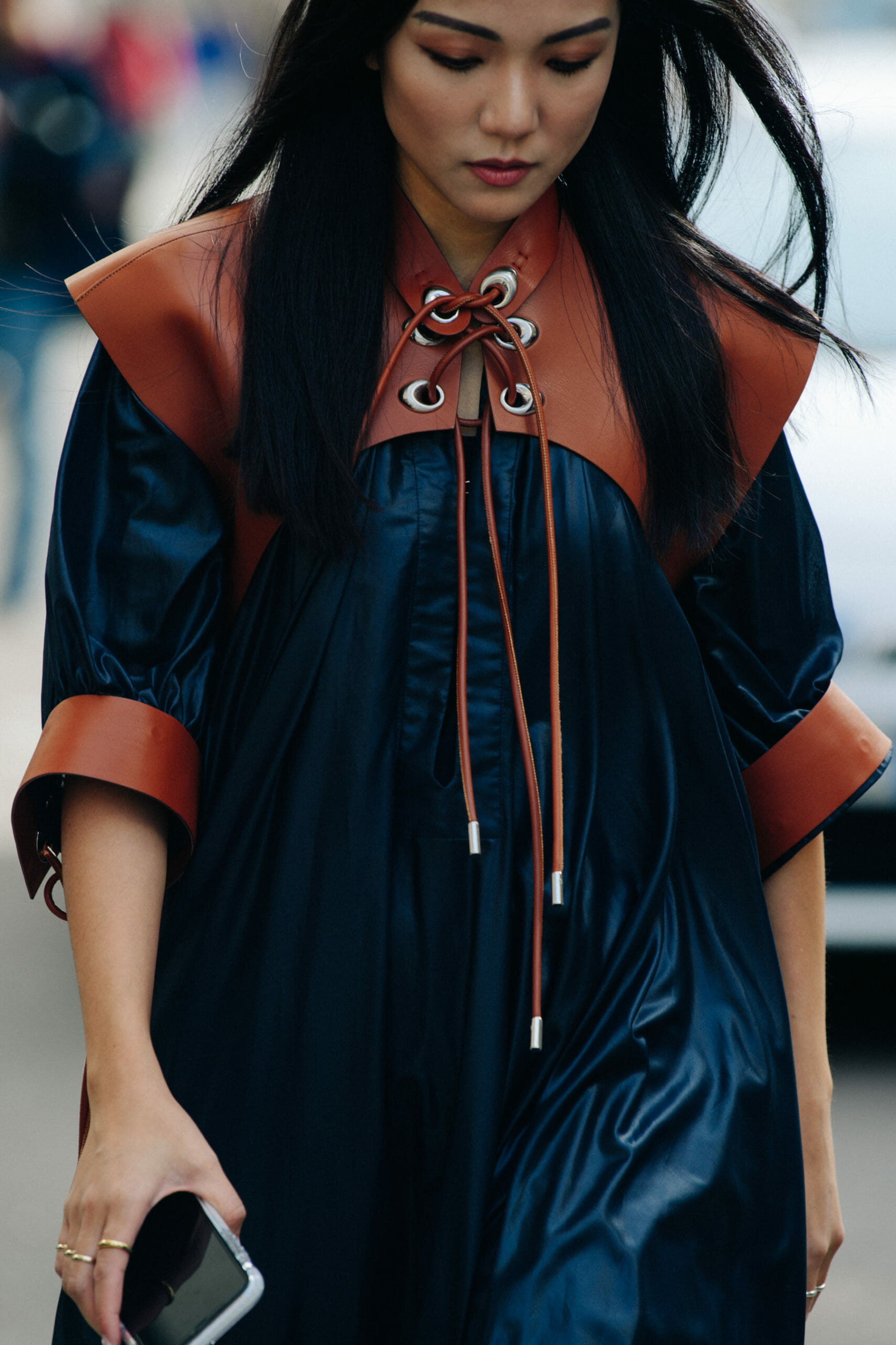 Woman wearing leather dress