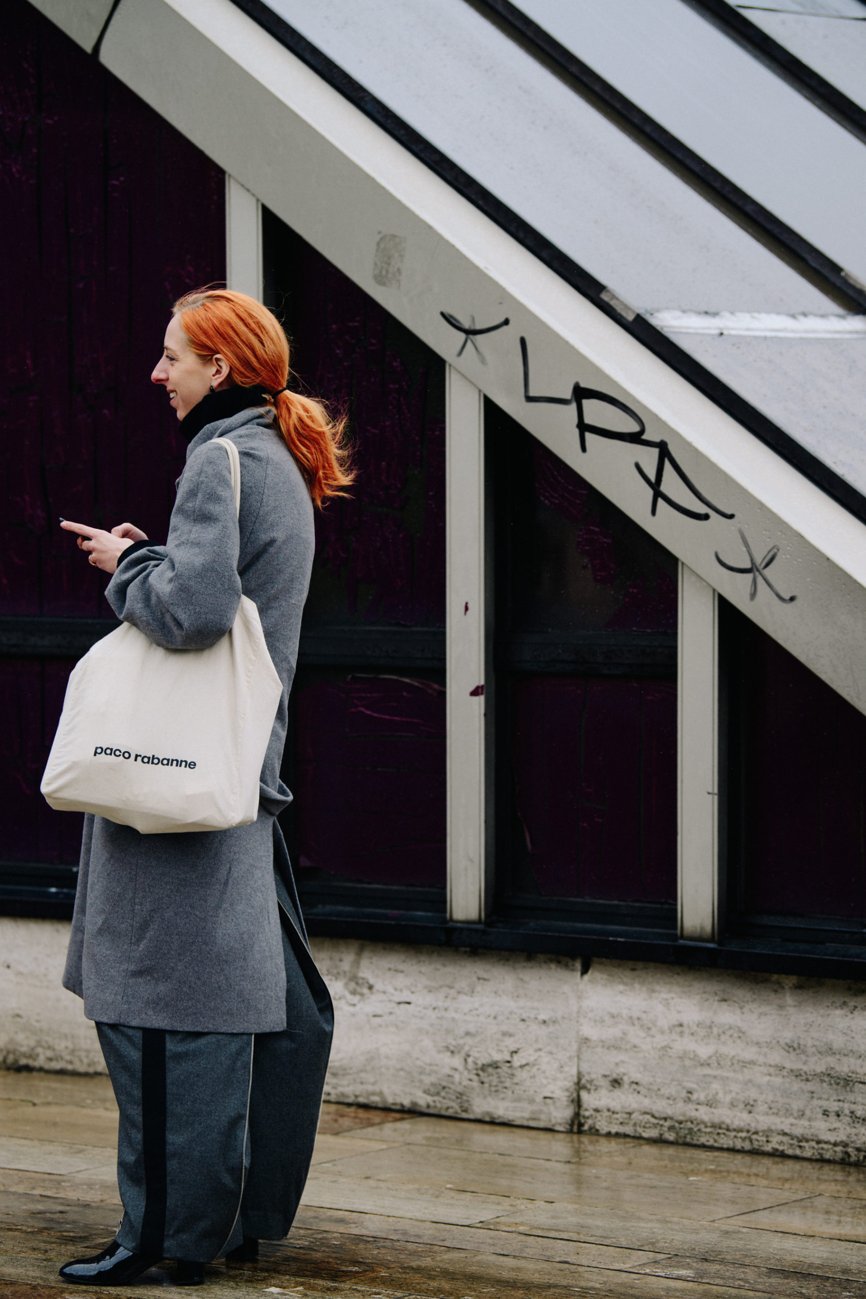 Woman wearing grey outfit