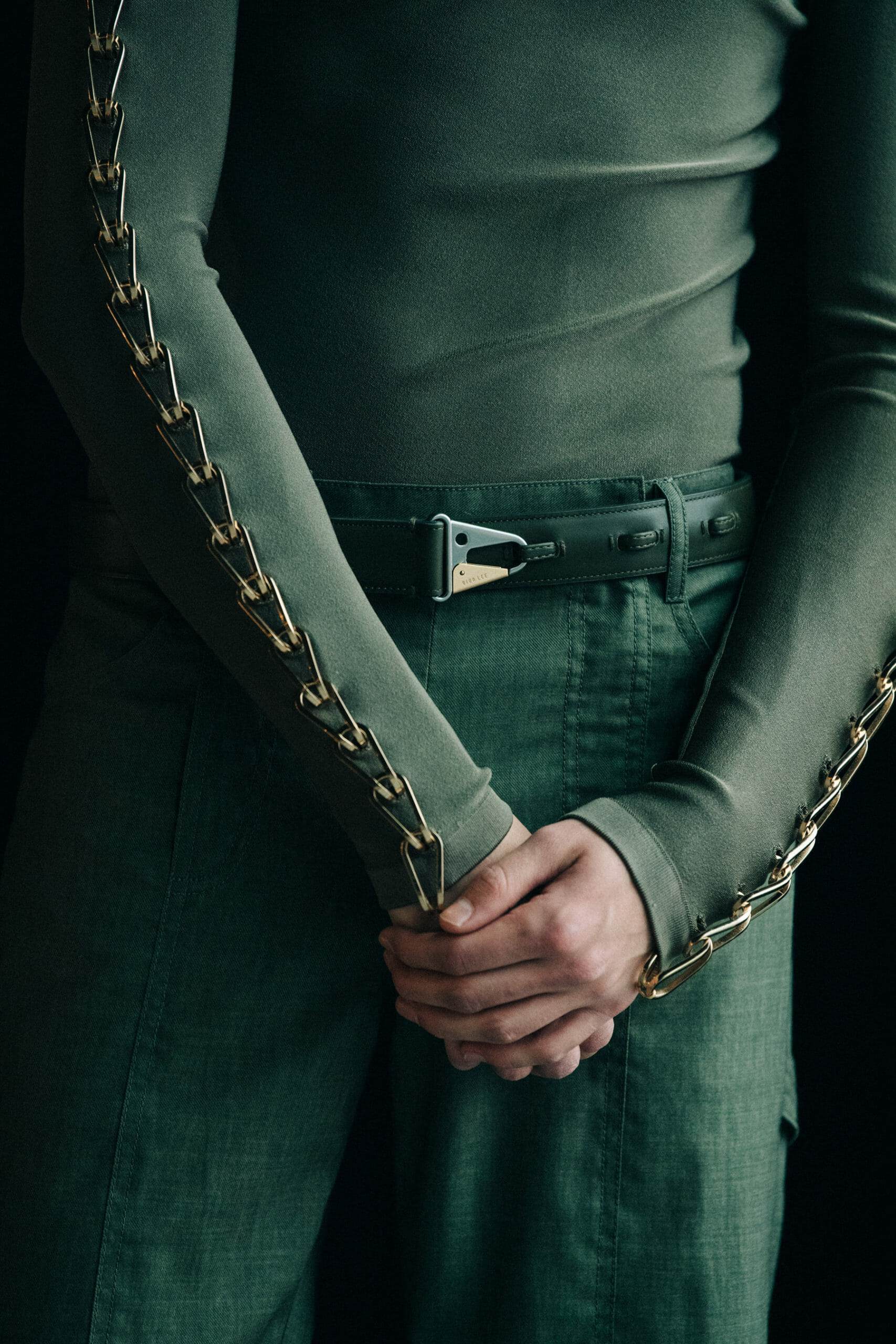 Model wearing green Dion Lee outfit