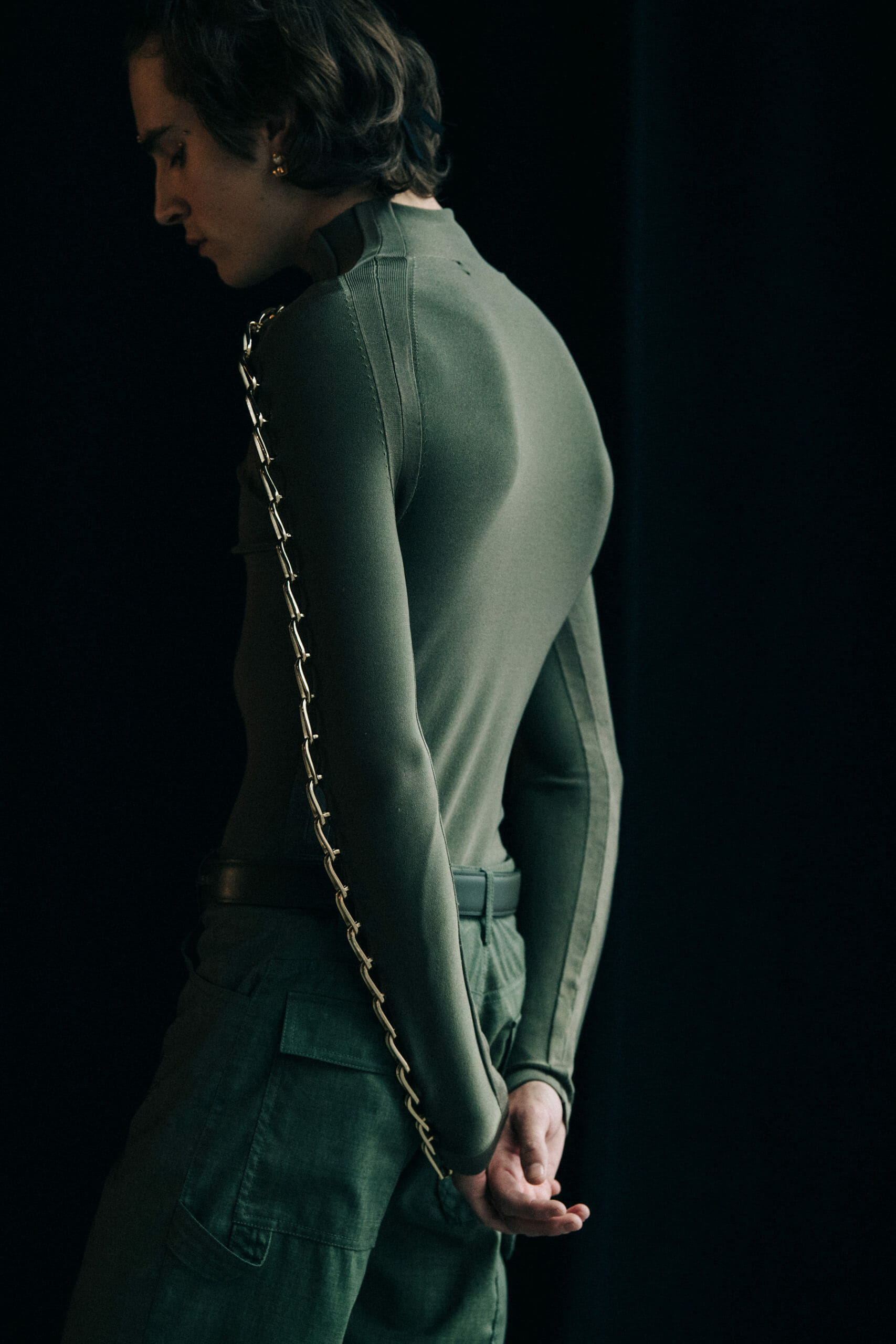 Model wearing green Dion Lee outfit