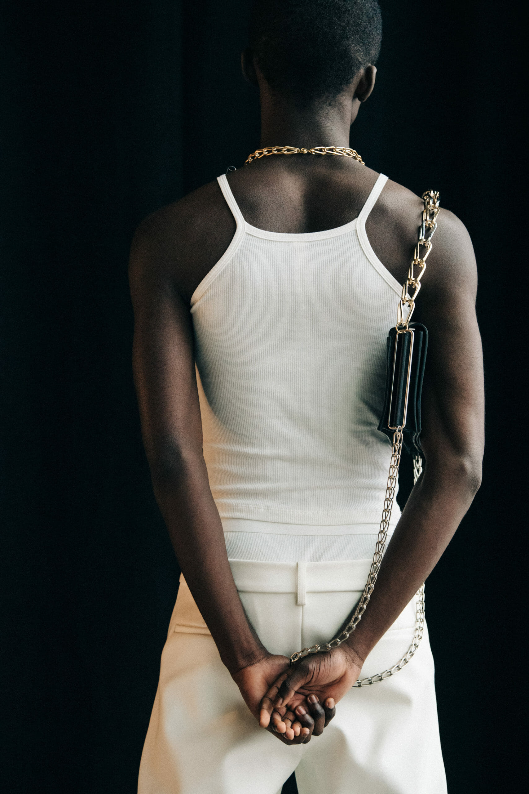 Model wearing white Dion Lee outfit