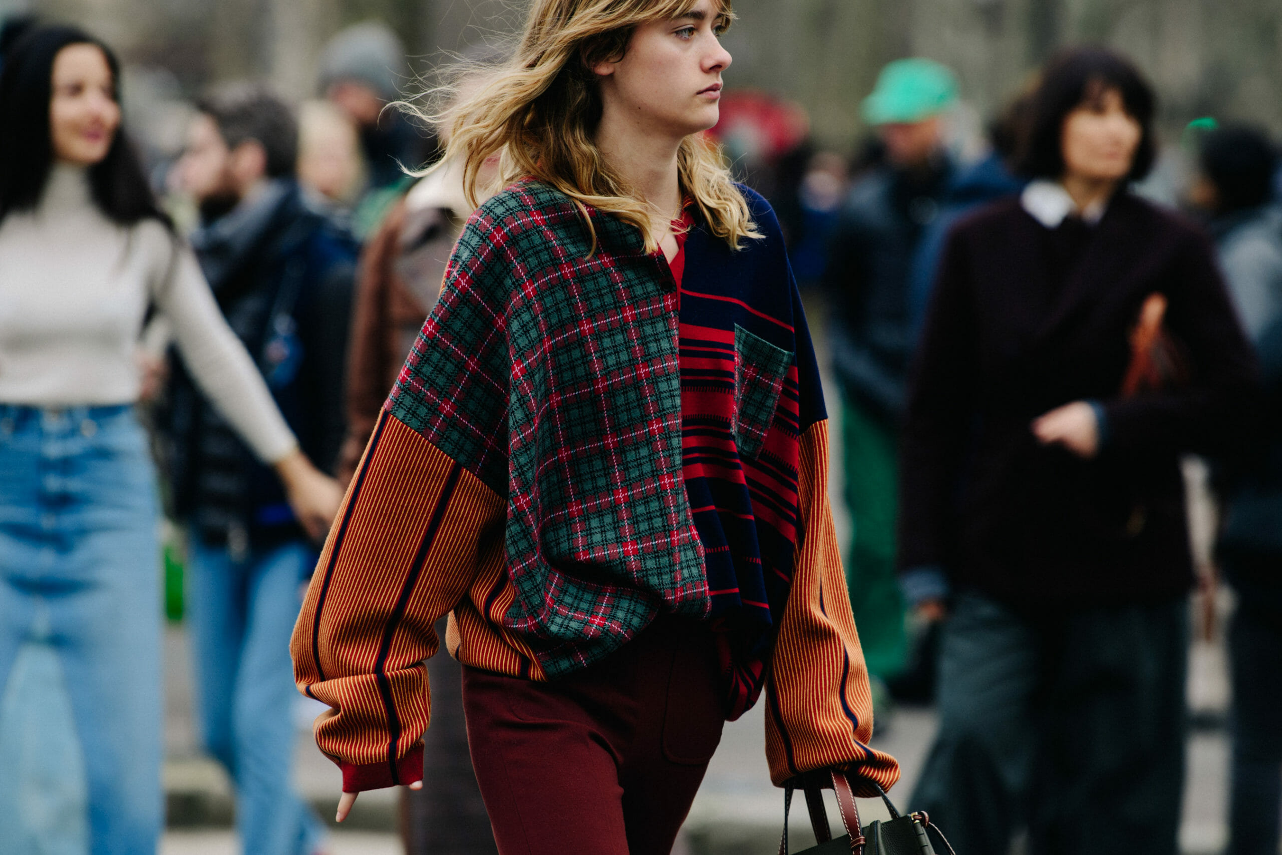 French model wearing patchwork shirt