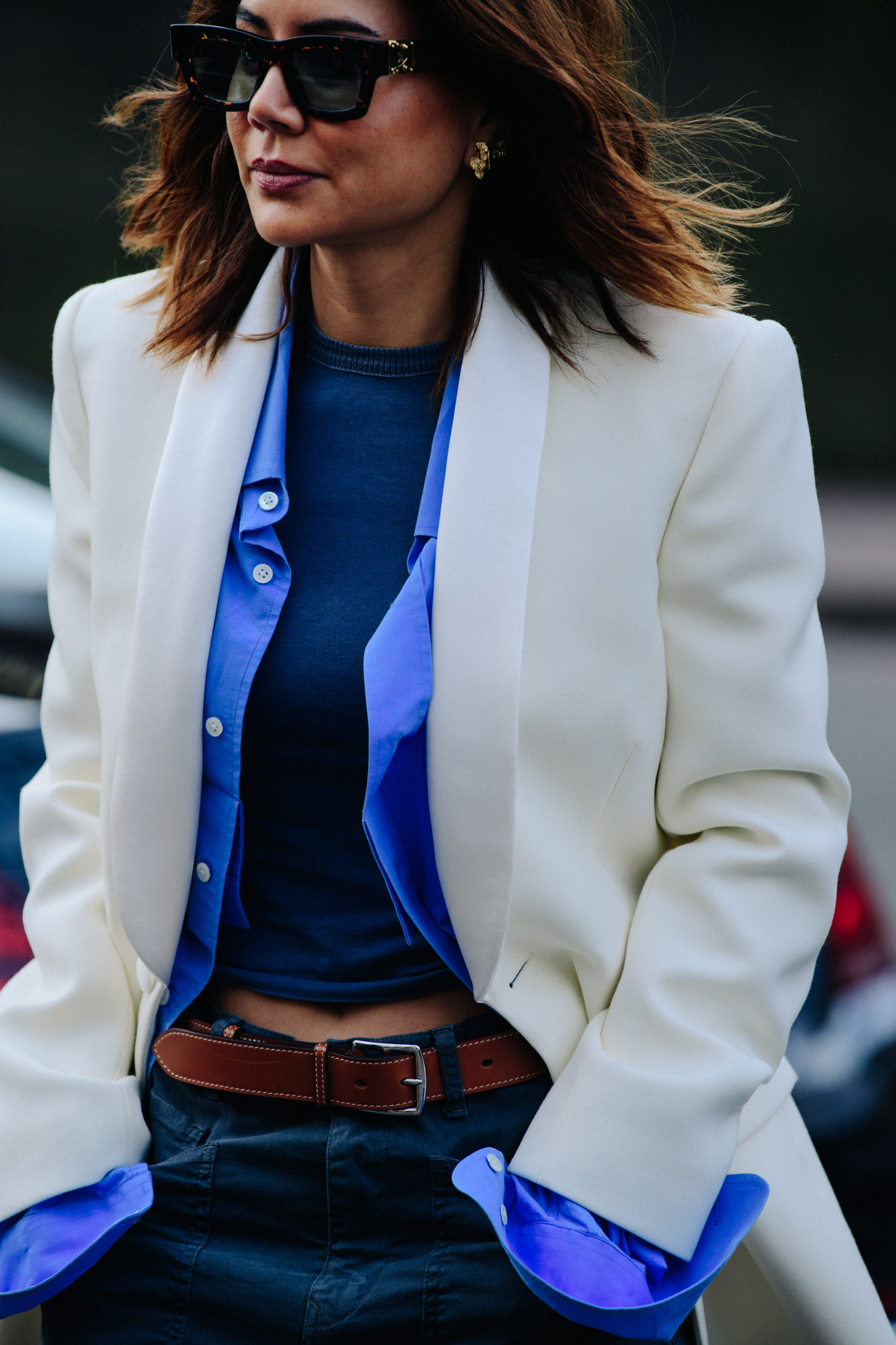 Woman wearing white blazer