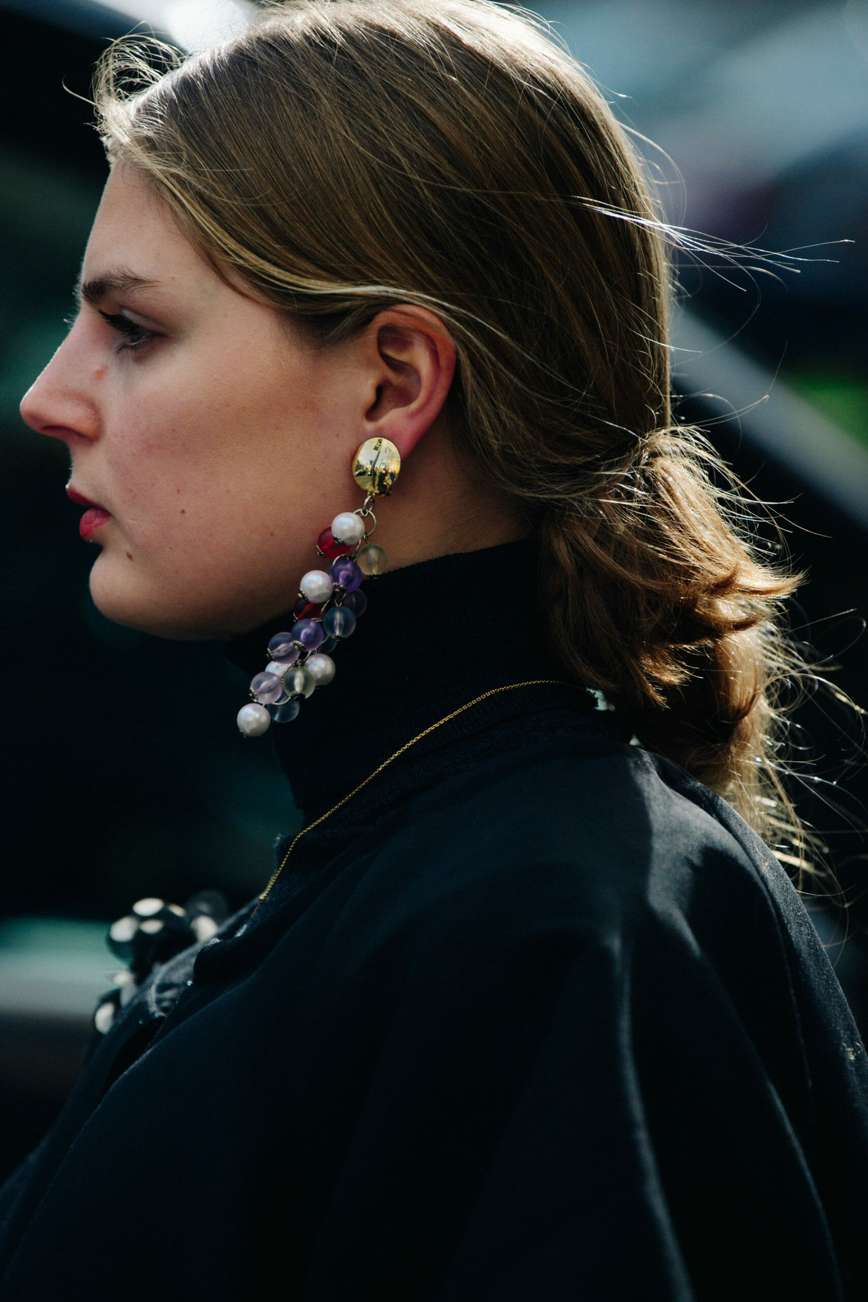 Woman wearing long earring