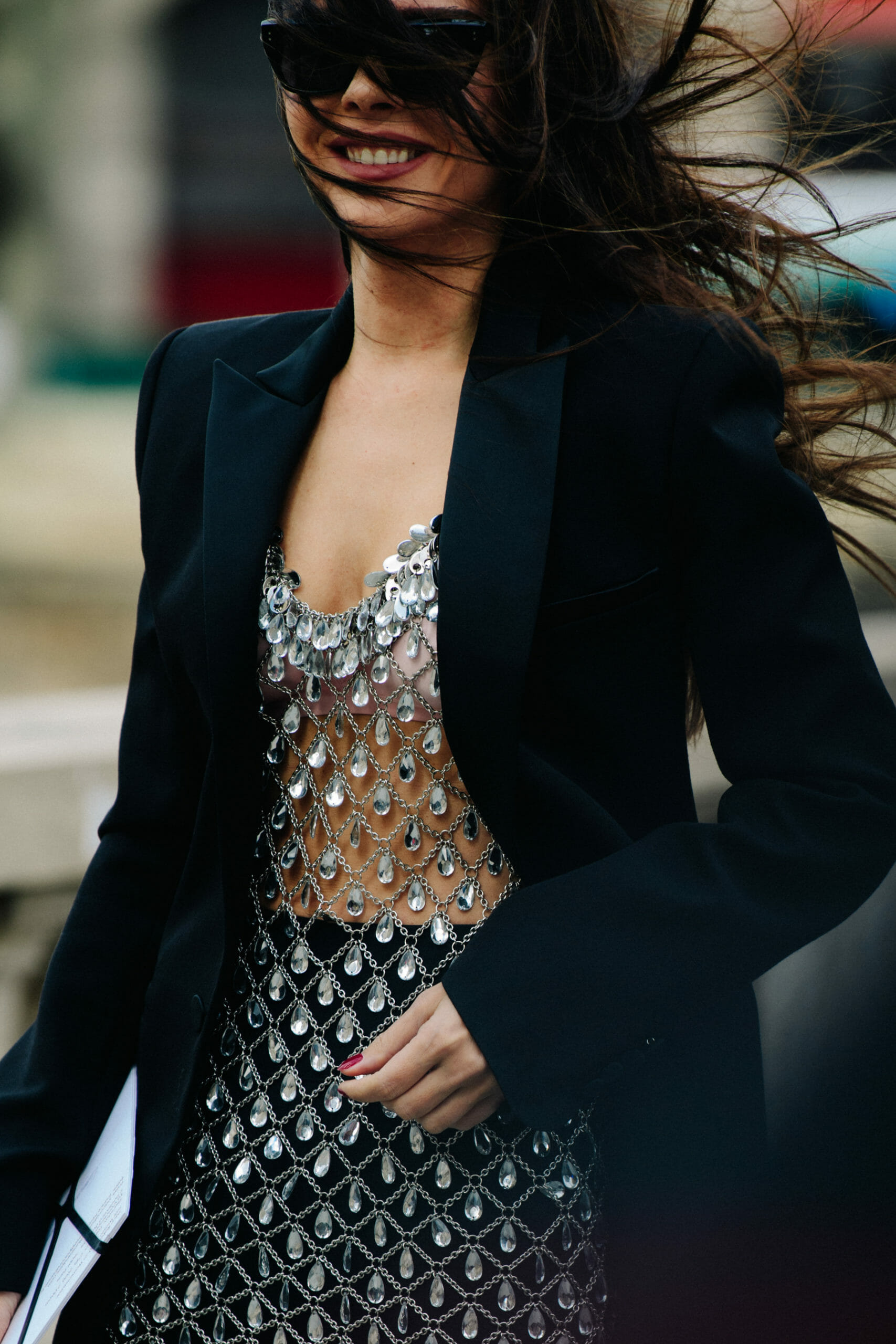 Woman wearing jewelled dress
