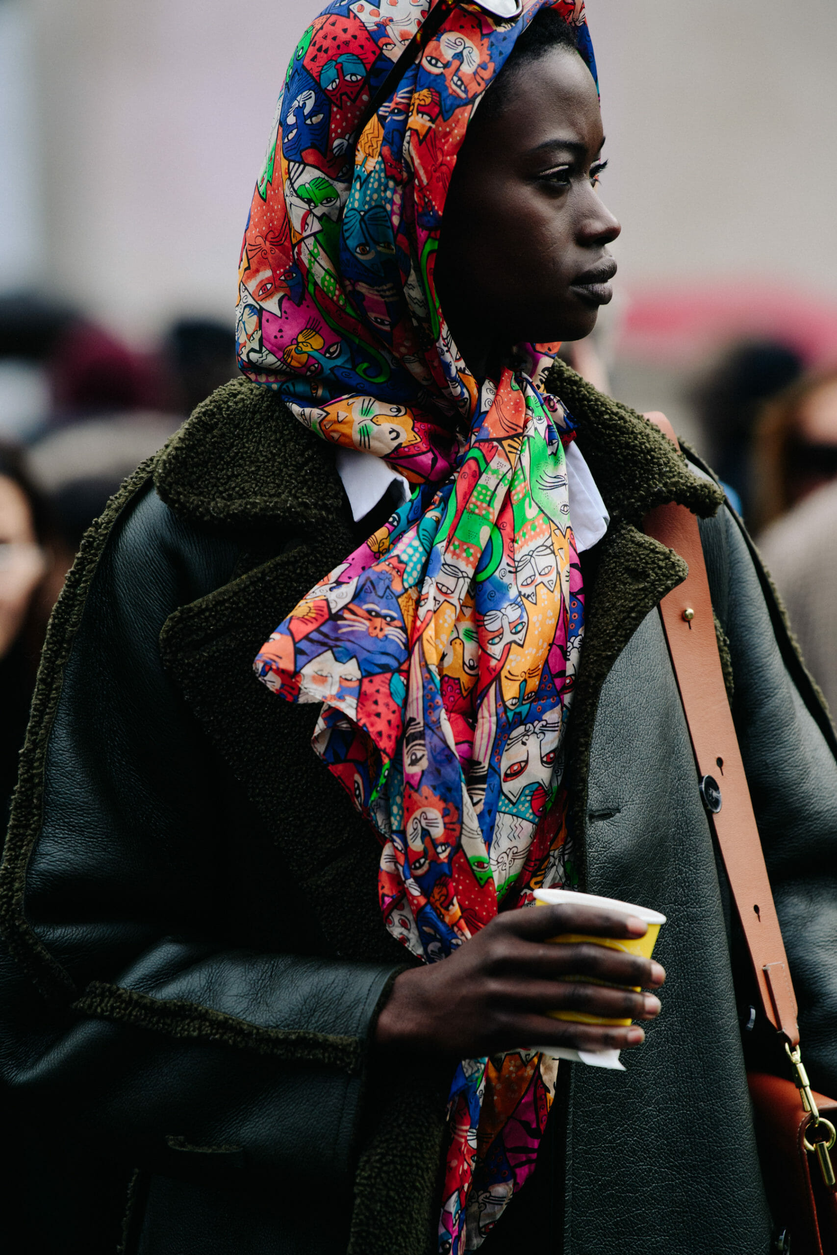 Model wearing colourful headscarf