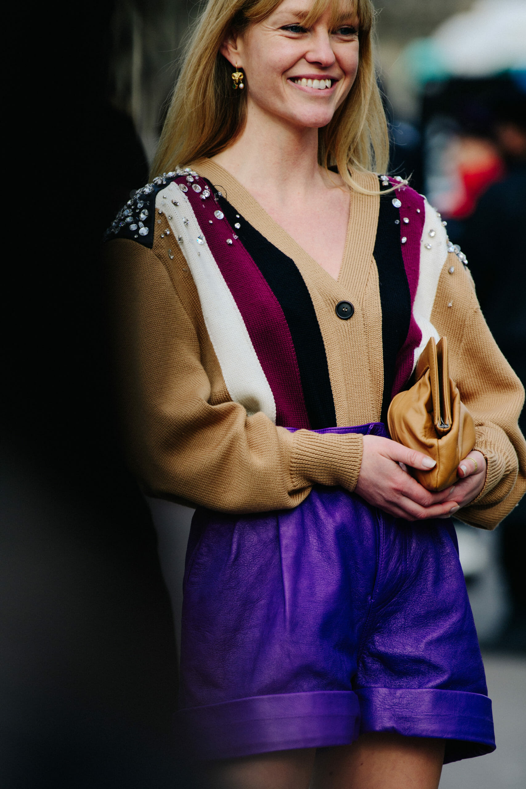 Woman wearing purple shorts