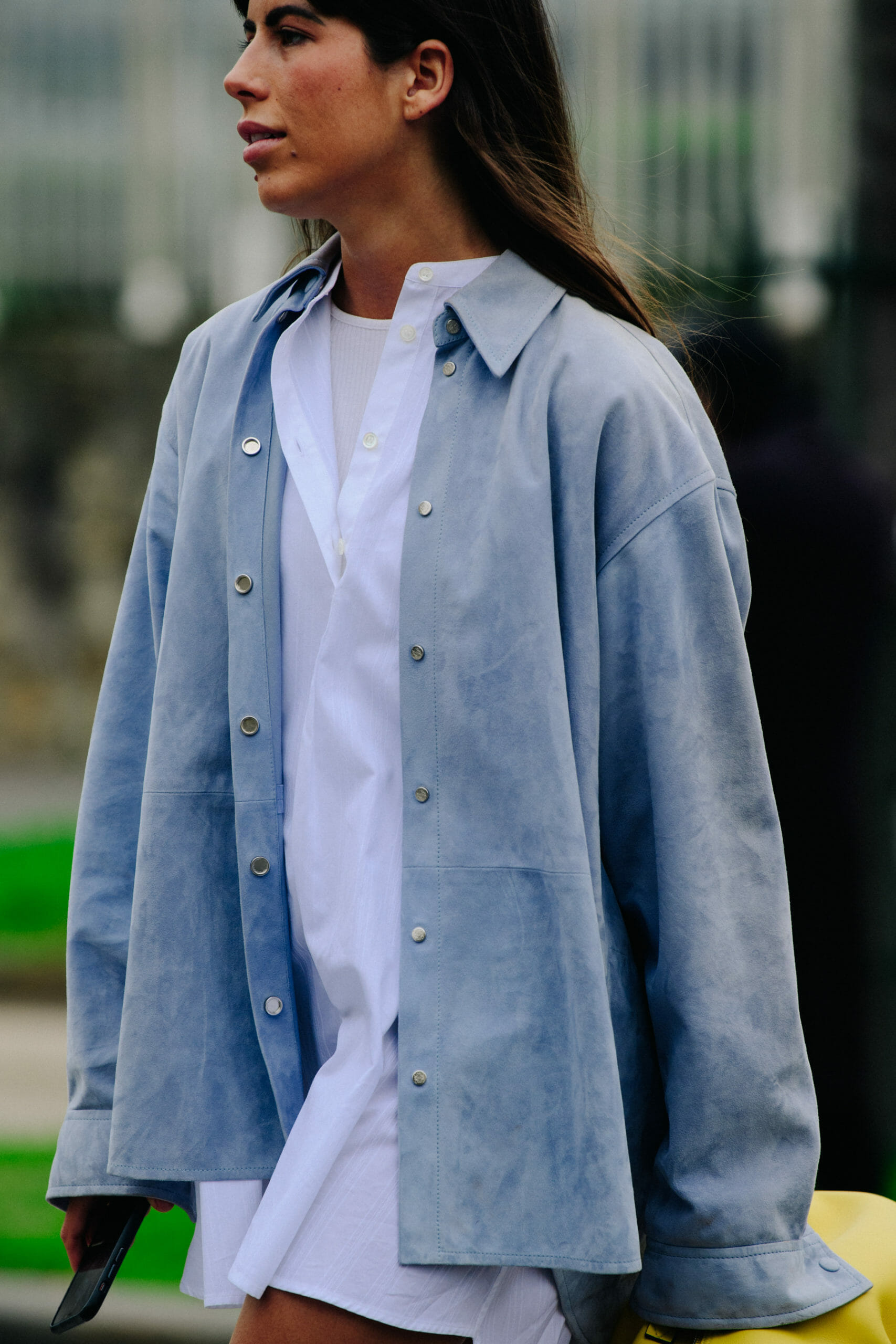 Woman wearing suede shirt