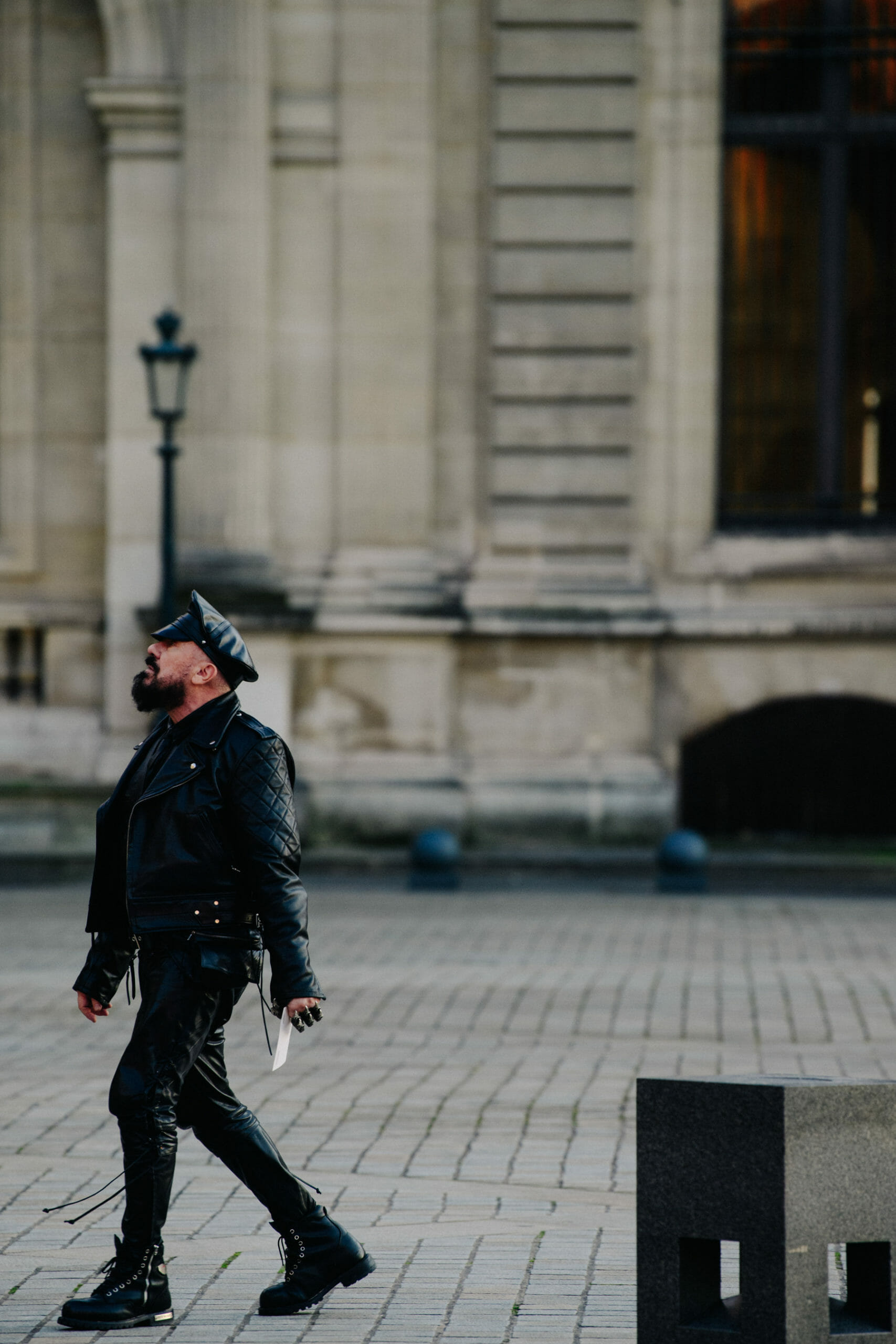 Man wearing black leather outfit