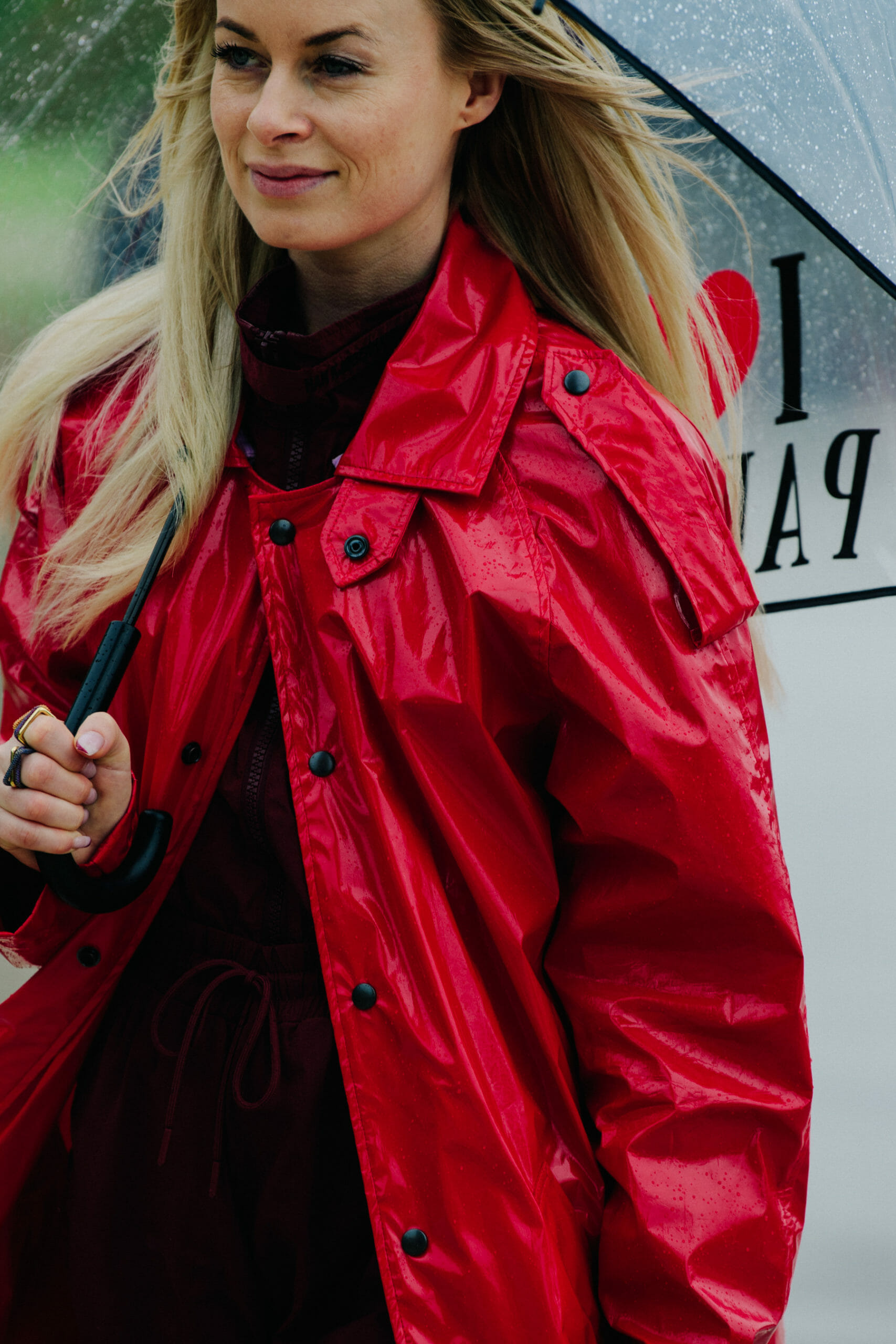 Woman wearing red jacket