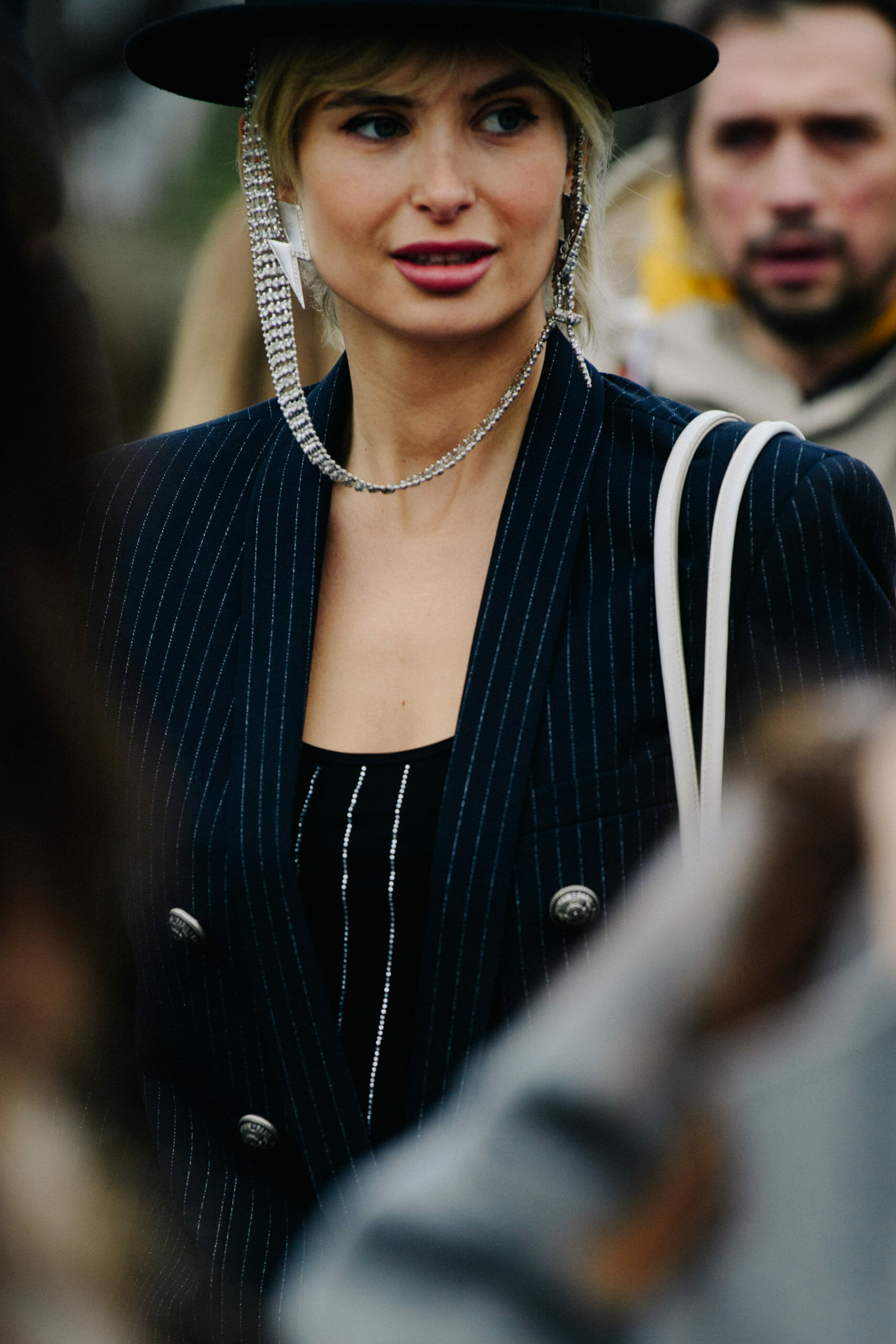 Woman wearing striped blazer