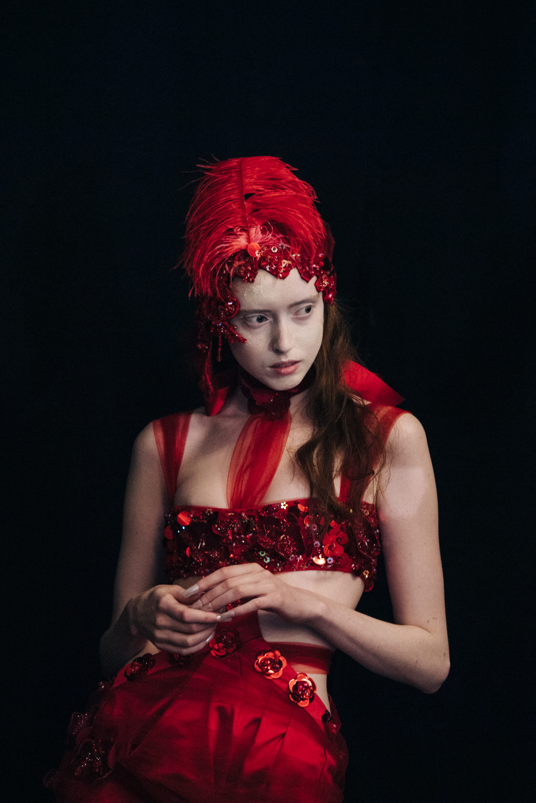 Model wearing red dress
