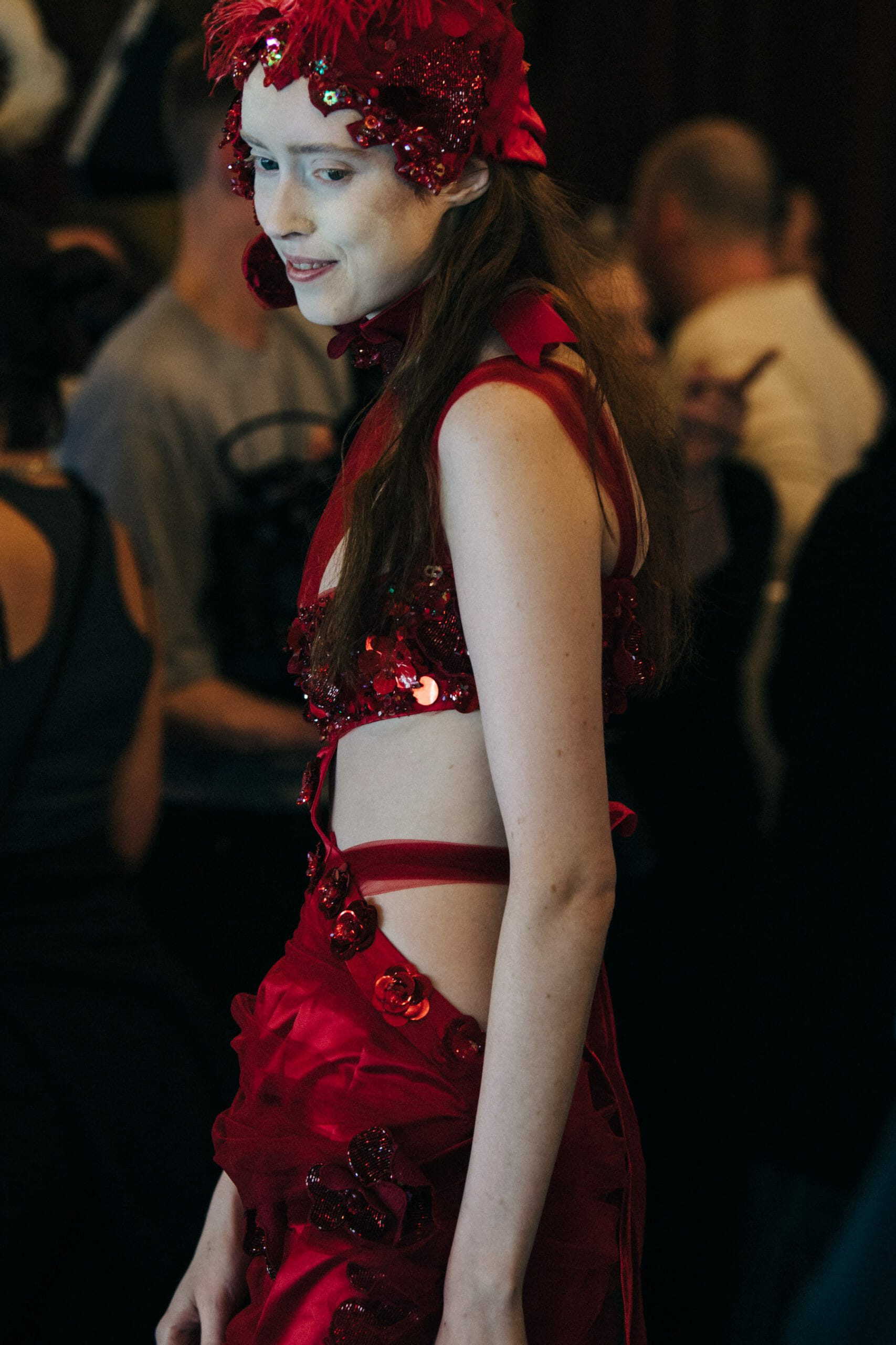 Model wearing red dress