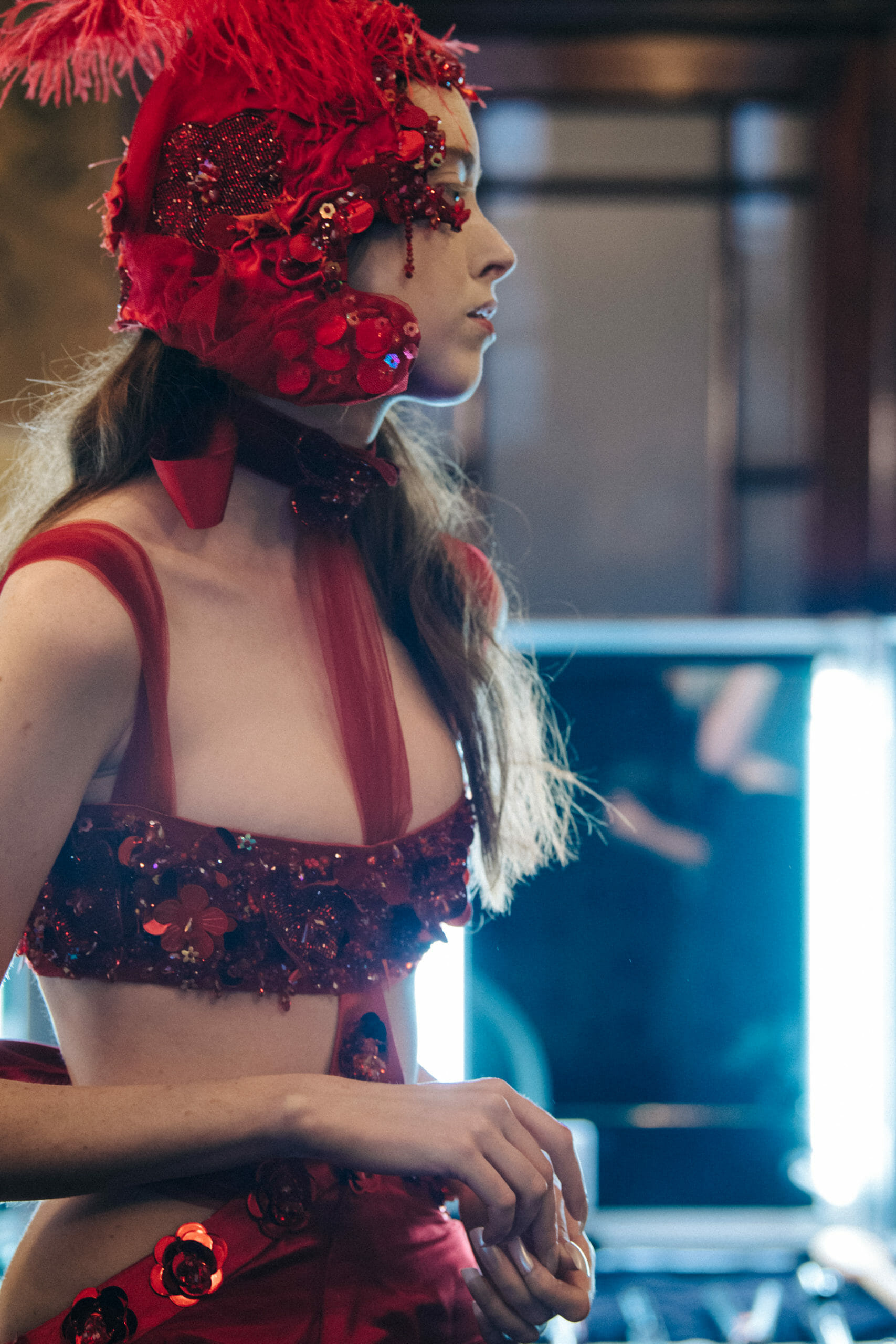 Model wearing red dress