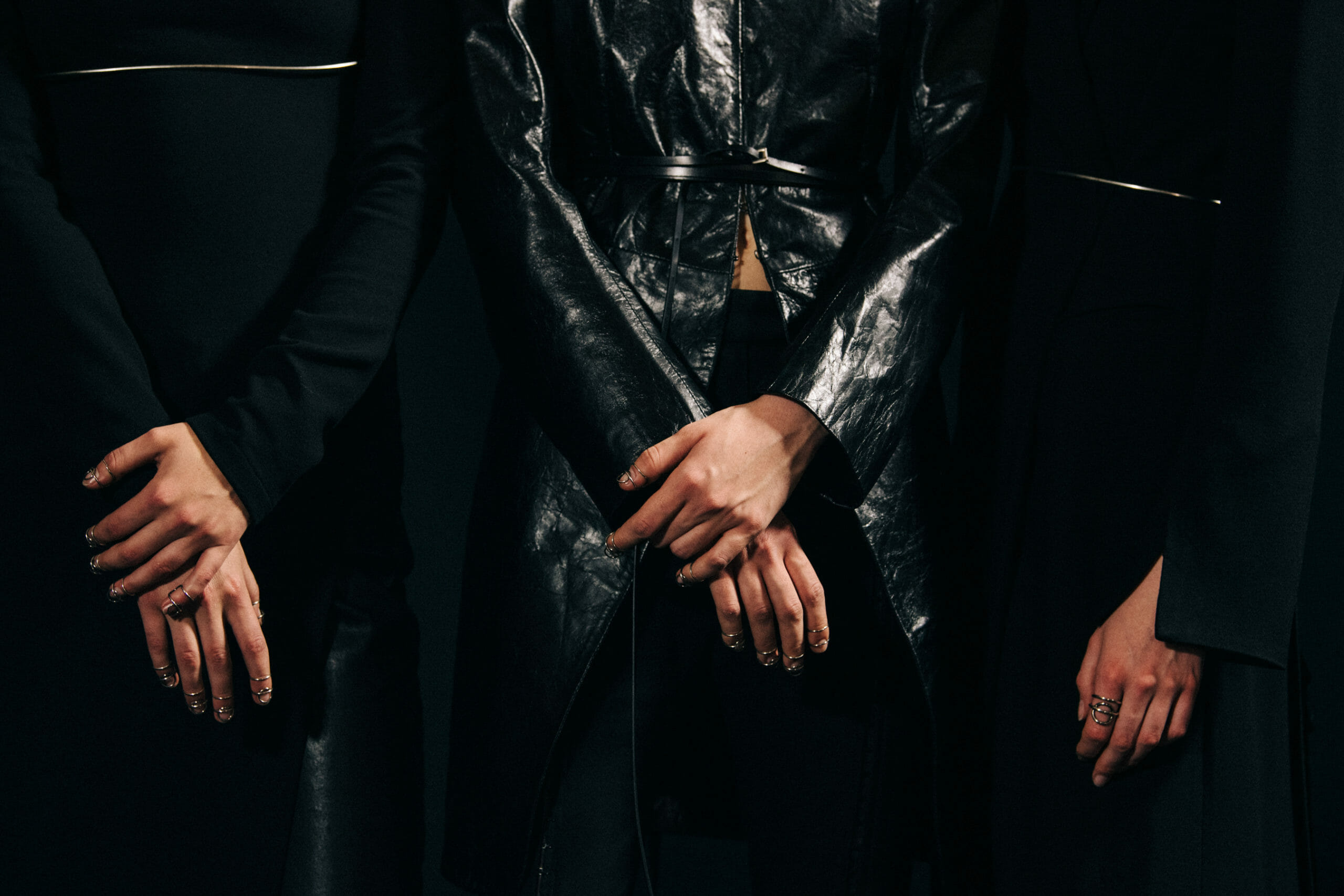 Model wearing leather Ann Demeulemeester jacket