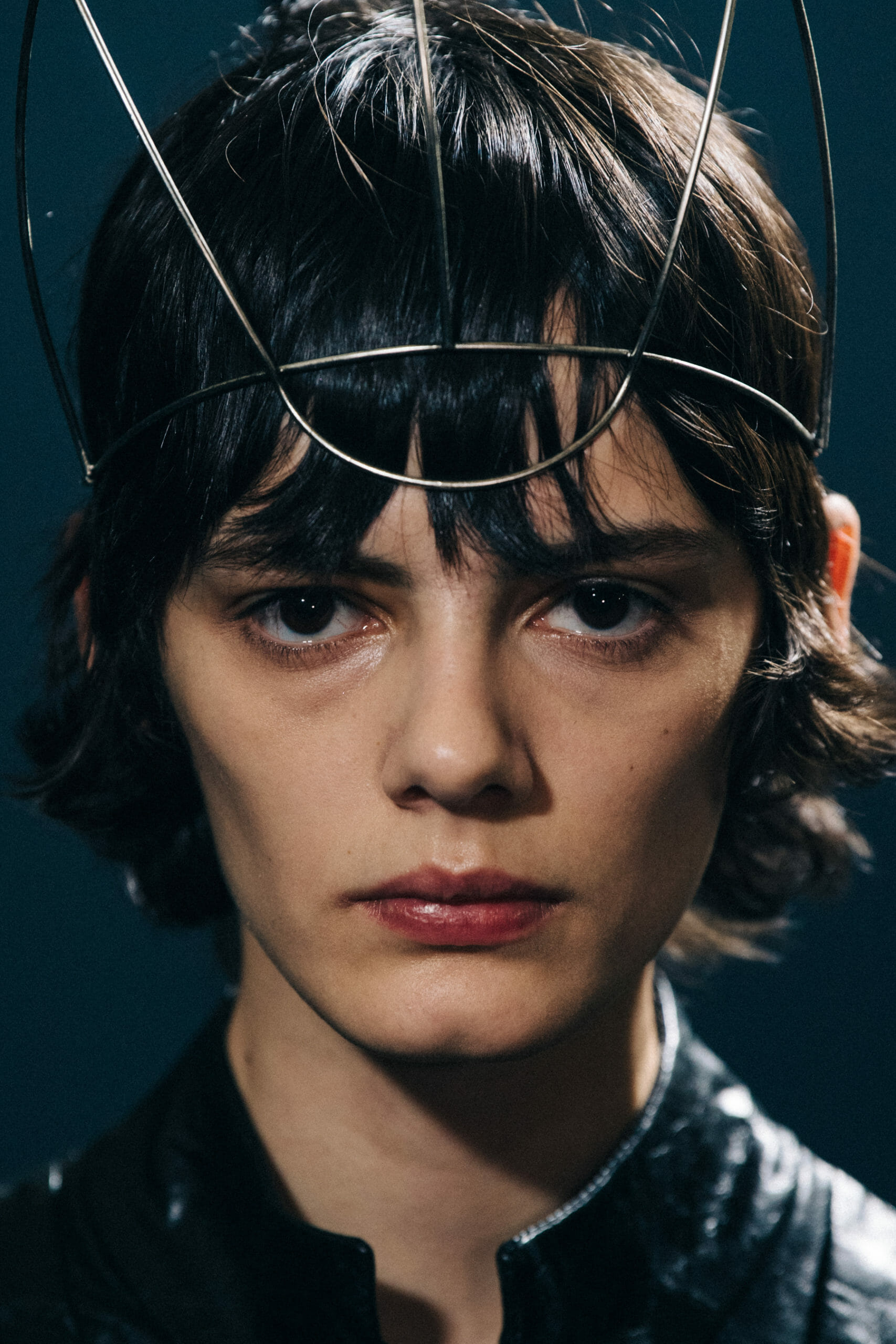 Model wearing leather Ann Demeulemeester jacket
