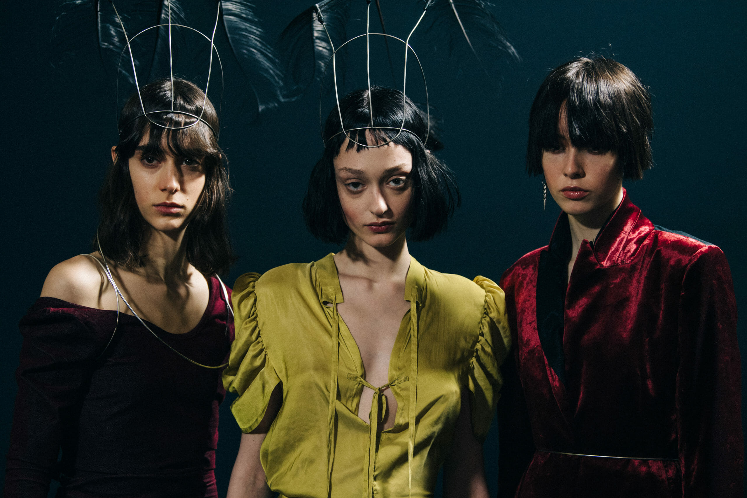 Models wearing metal headpieces at Ann Demeulemeester