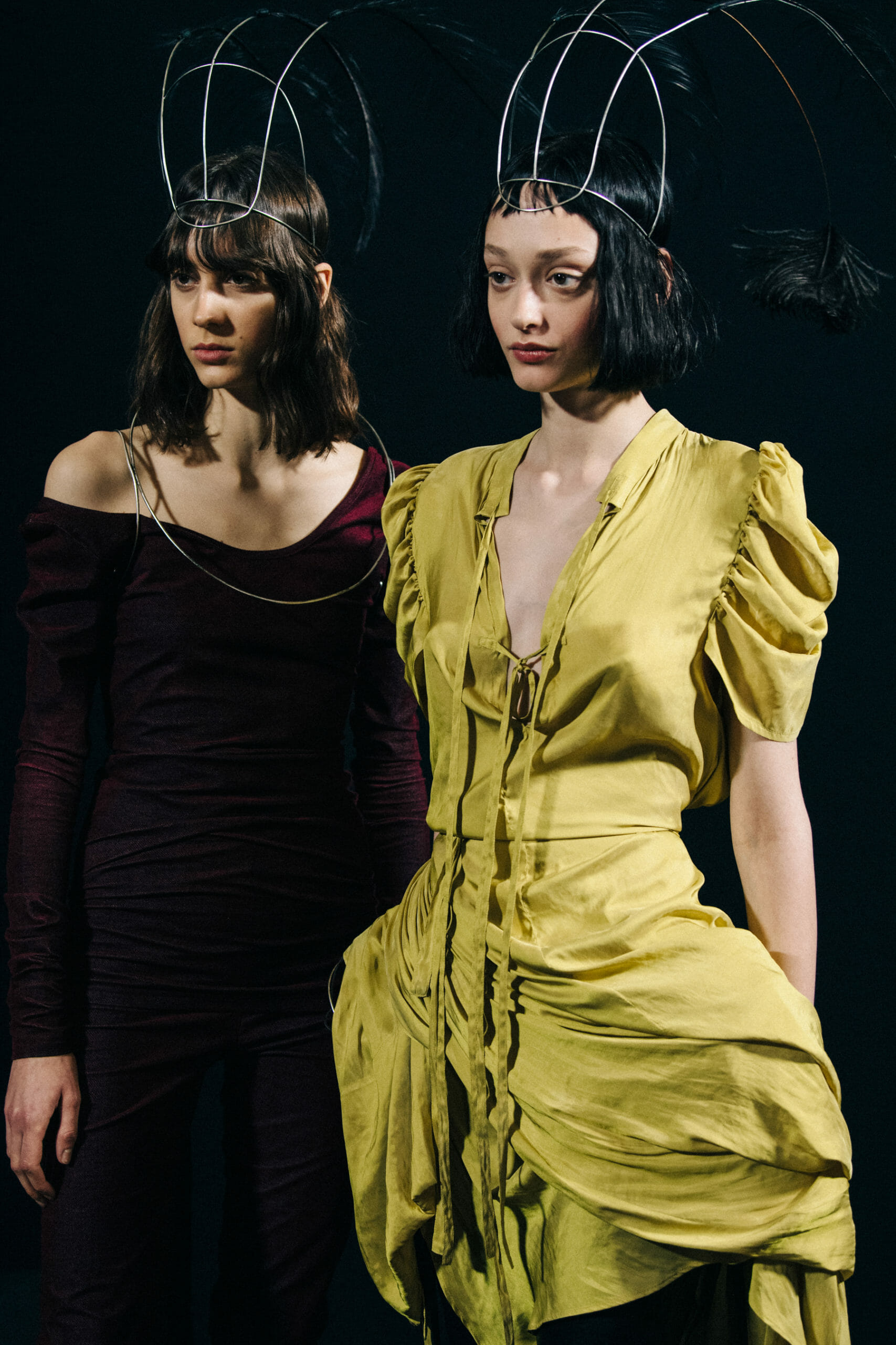 Models wearing metal headpieces at Ann Demeulemeester