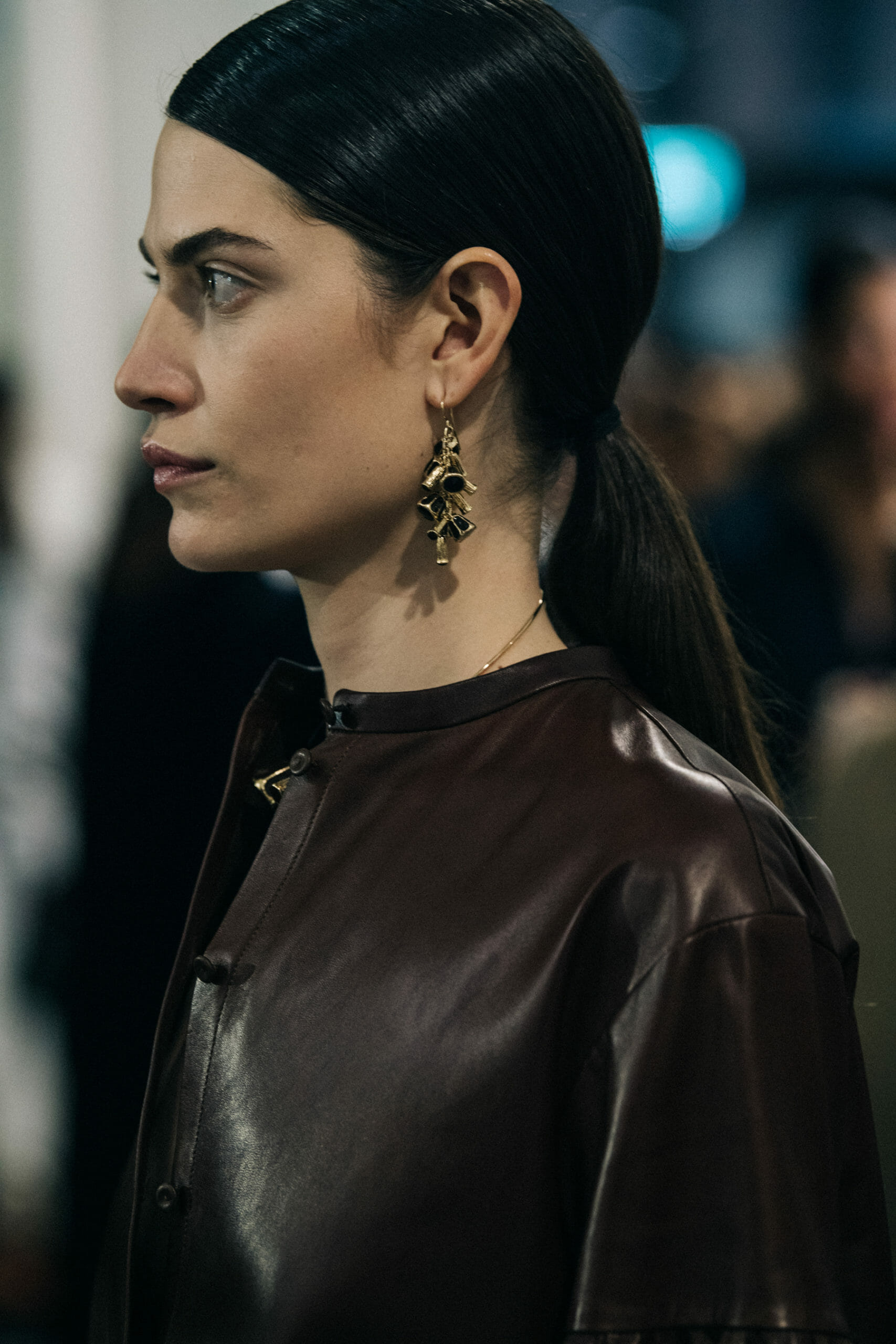 Model wearing leather Jil Sander outfit