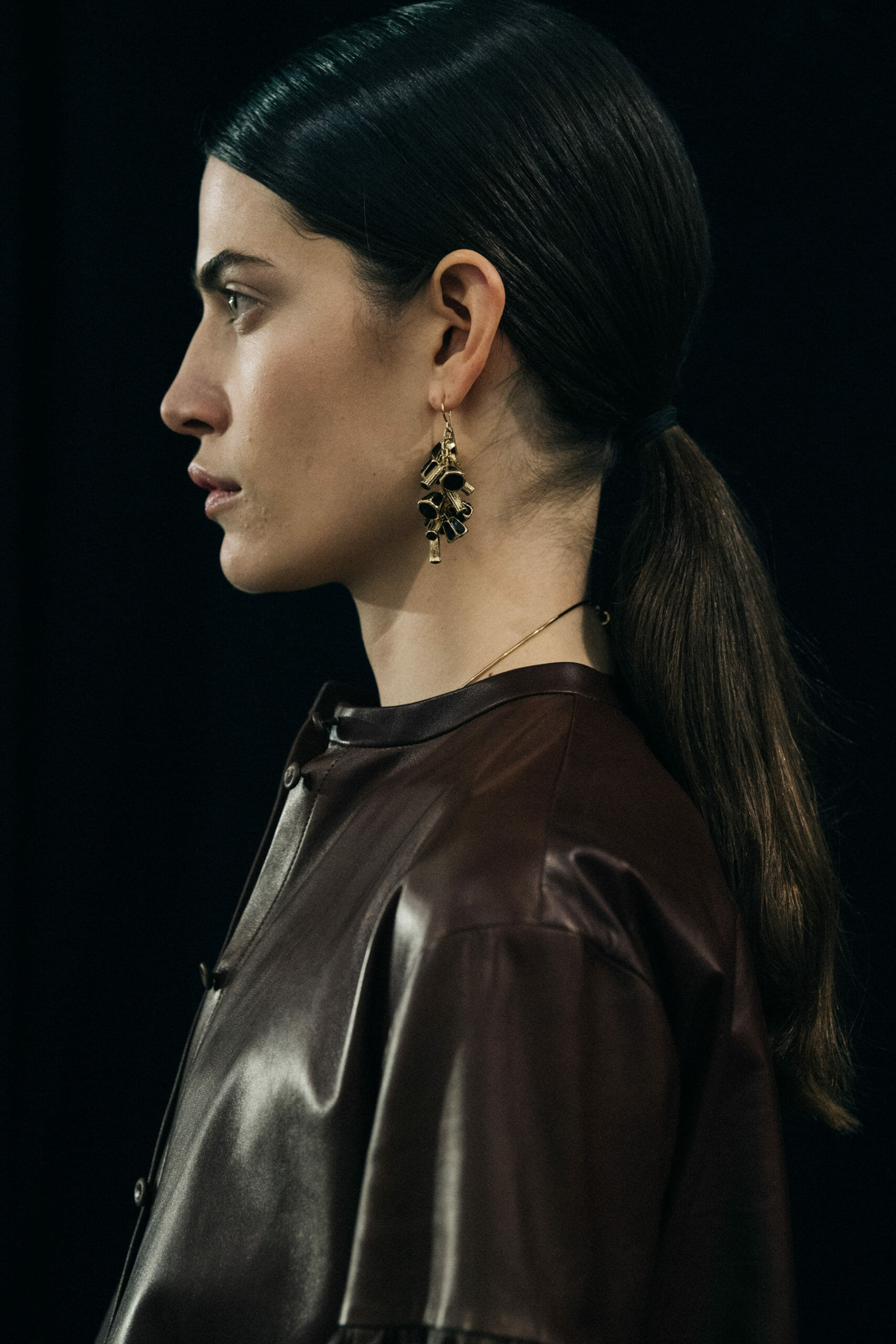 Model wearing leather Jil Sander outfit
