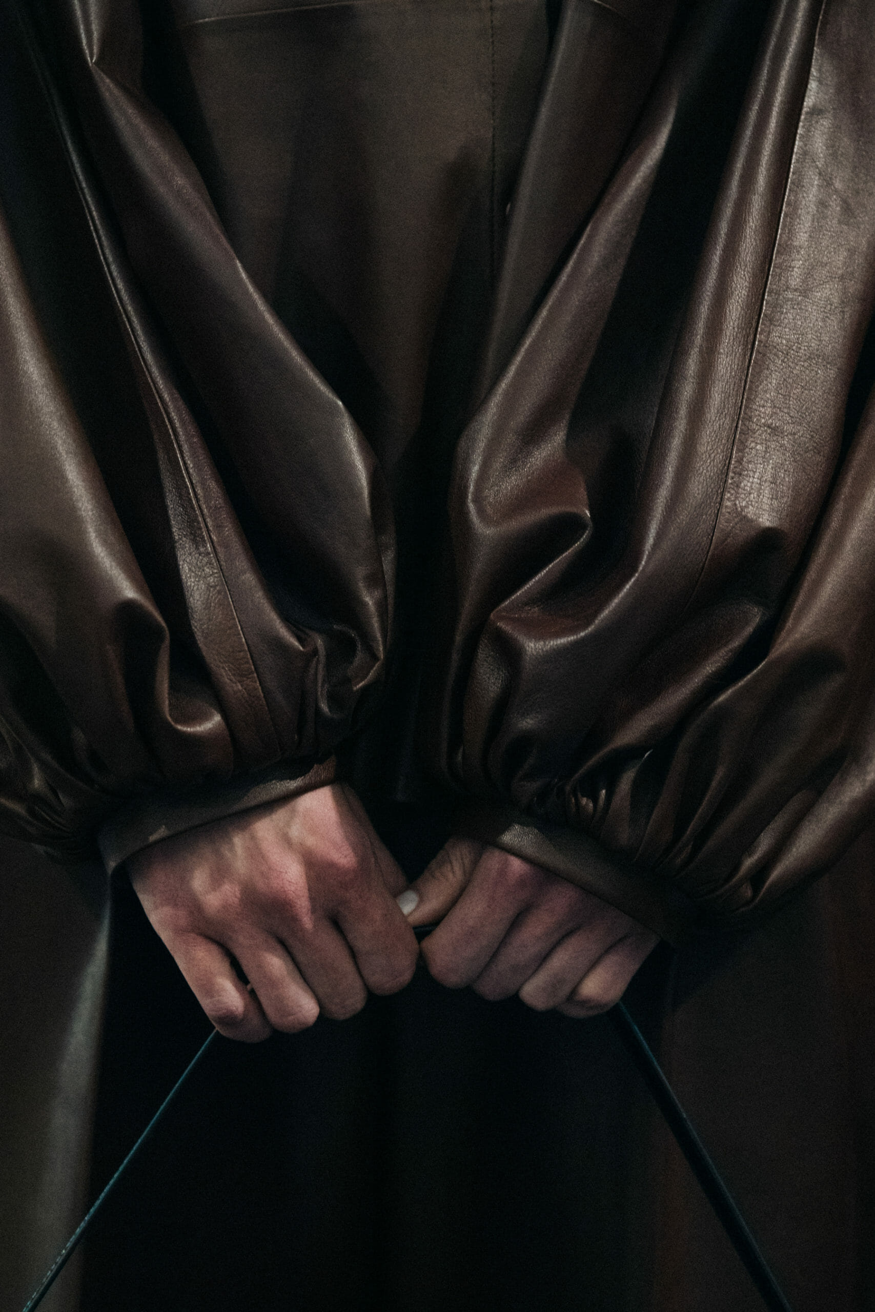 Model wearing leather Jil Sander outfit