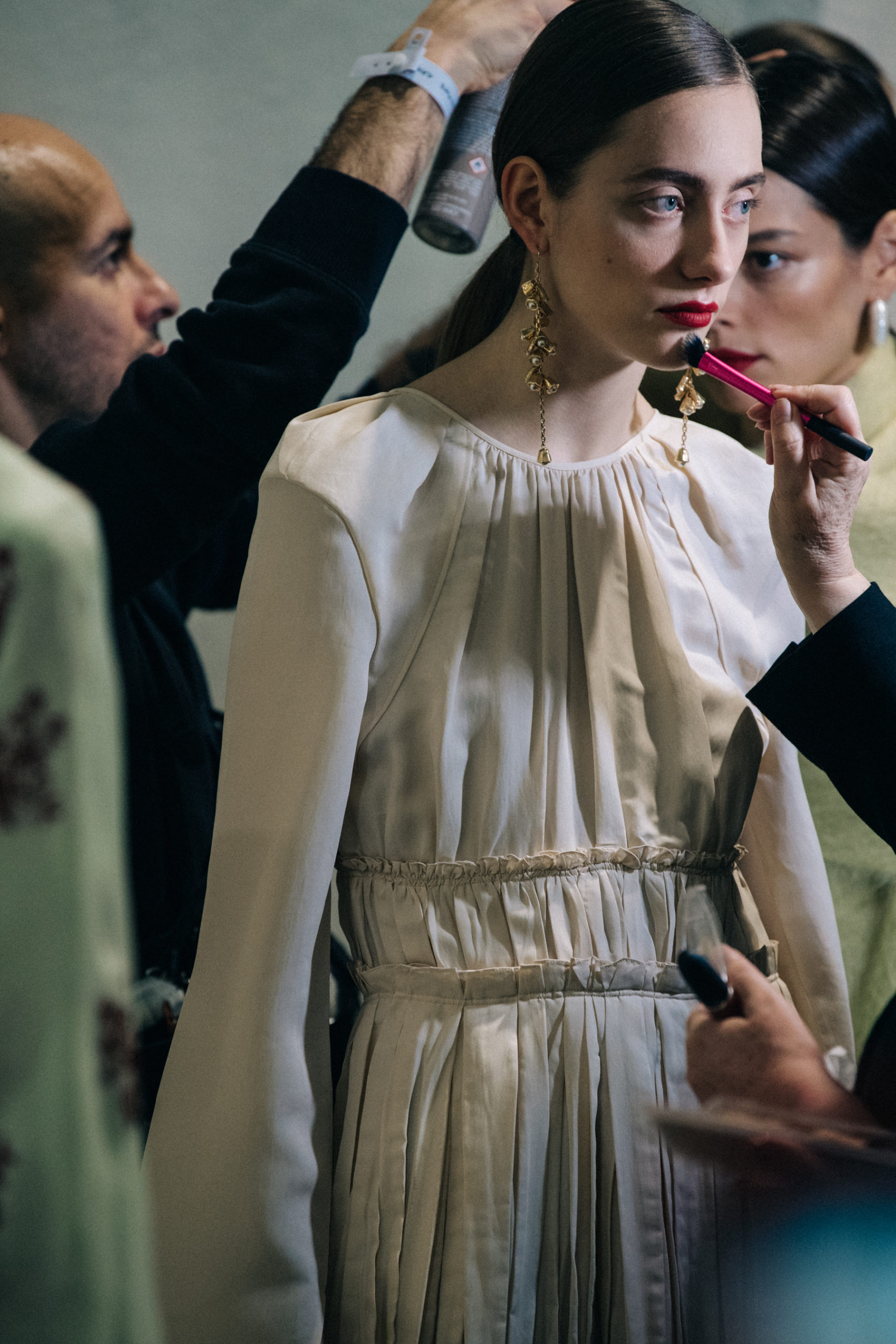 Model wearing white Jil Sander dress