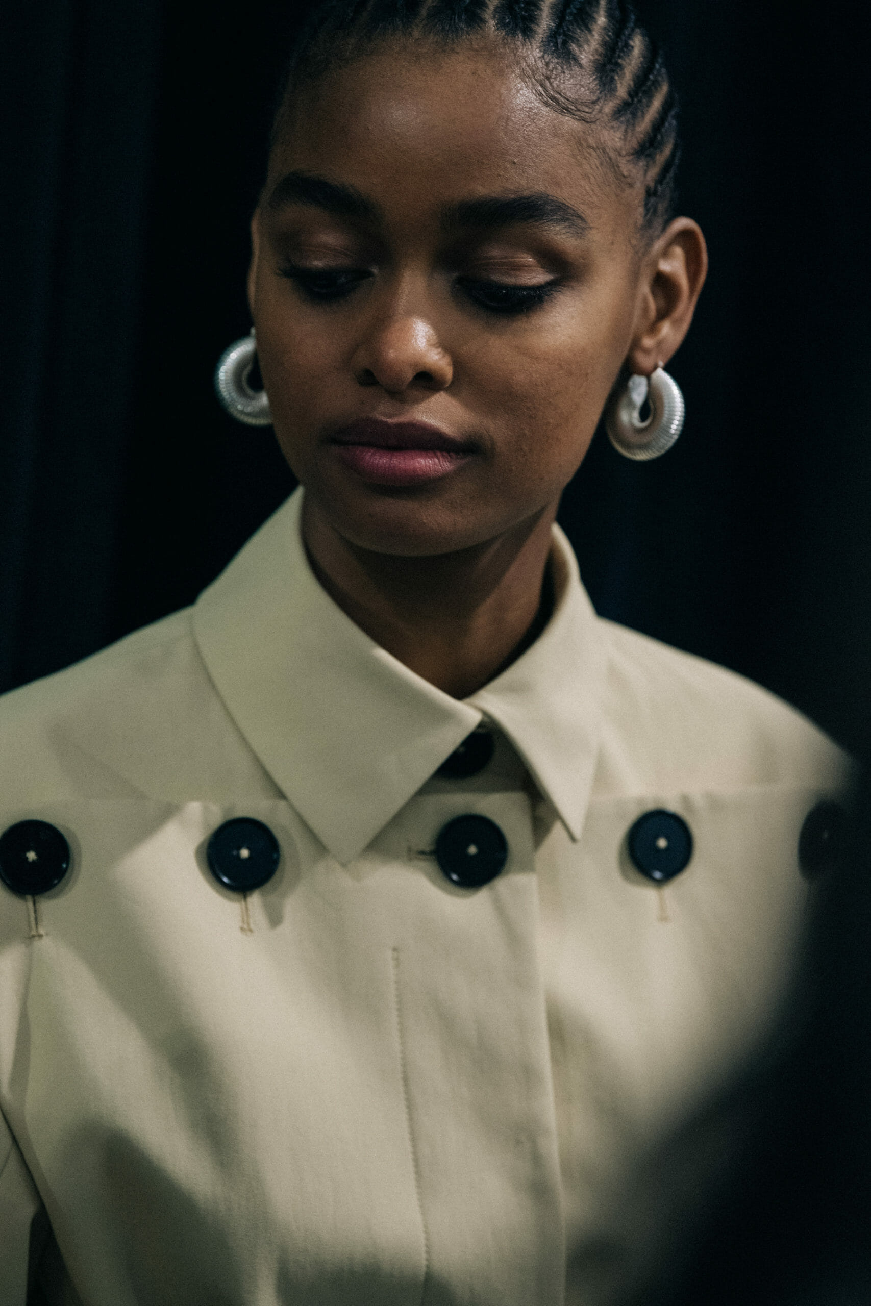 Model wearing light Jil Sander outfit