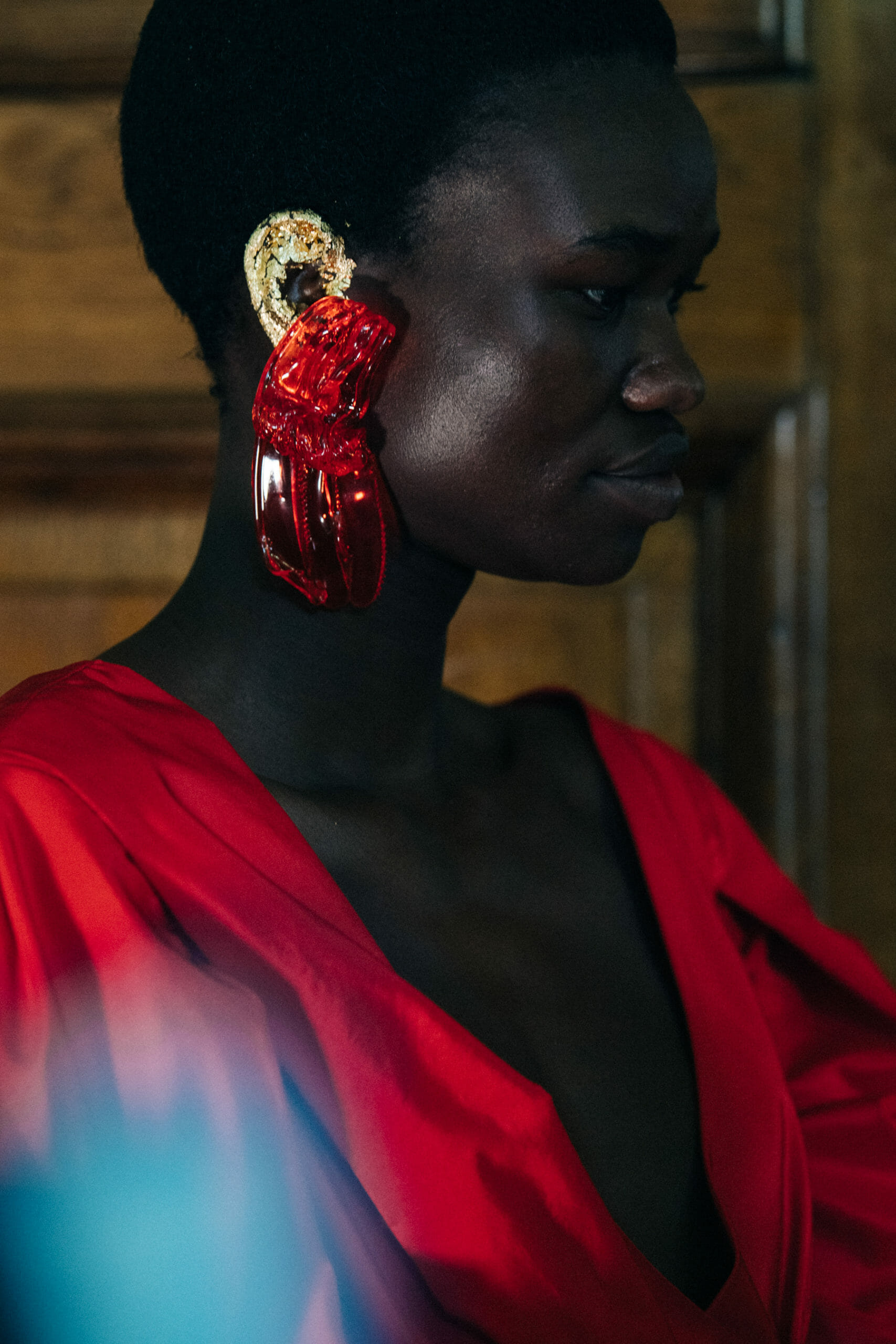 Model wearing interesting earring