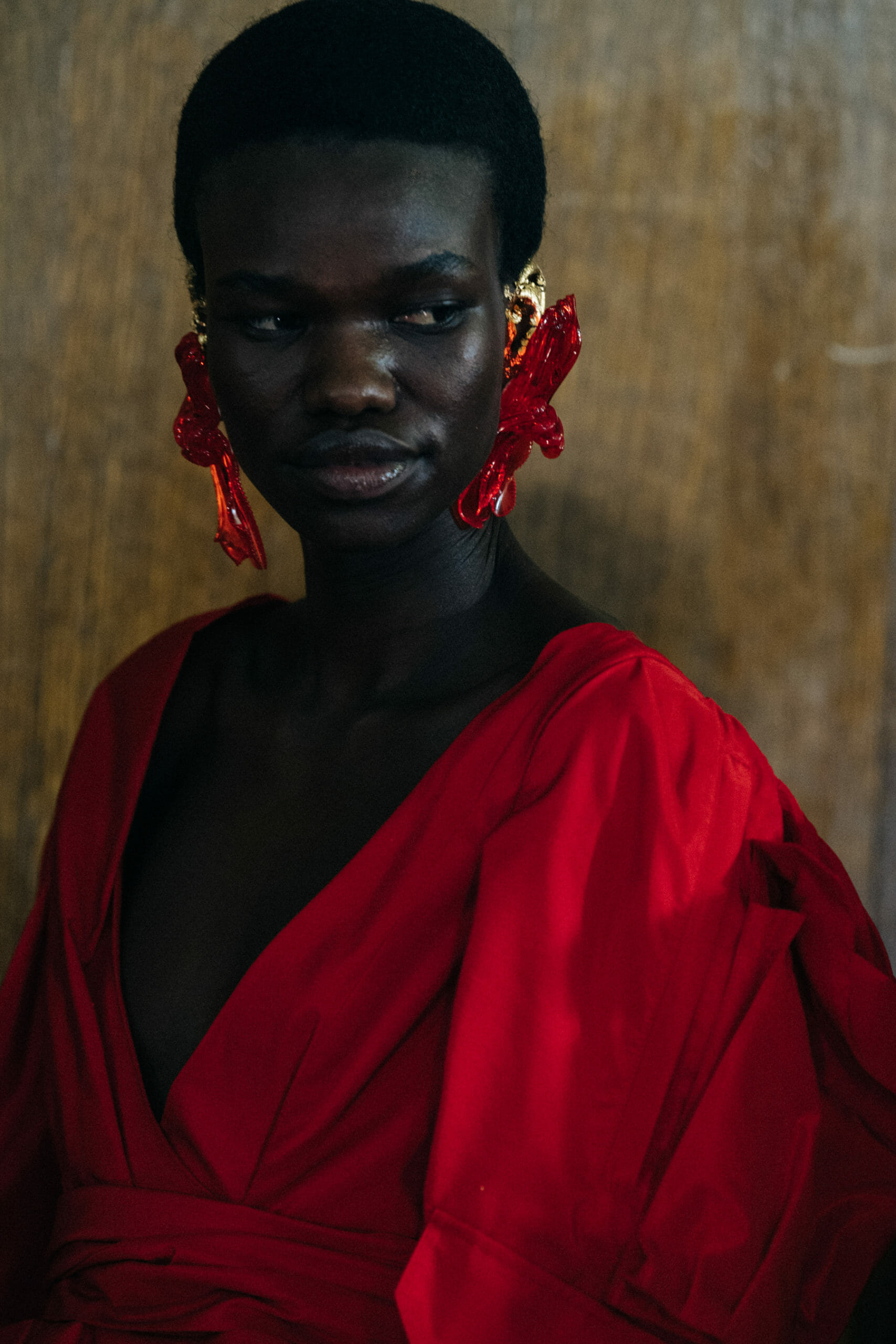 Model wearing interesting earring