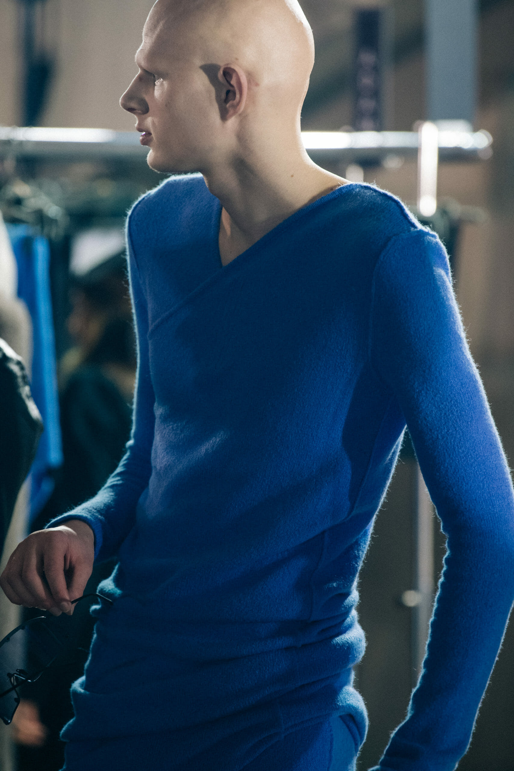 Model wearing blue Rick Owens outfit