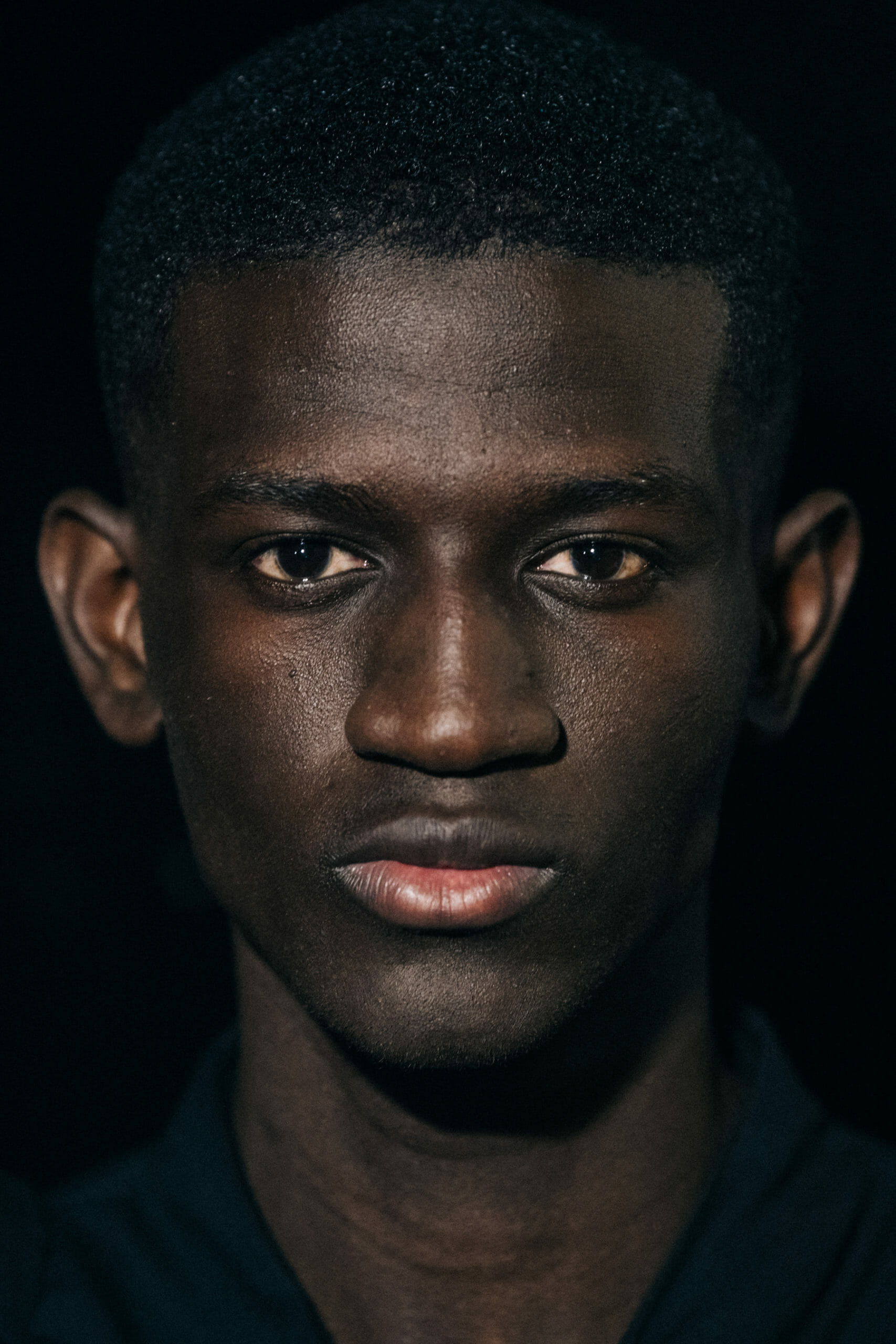 Model with shaved head