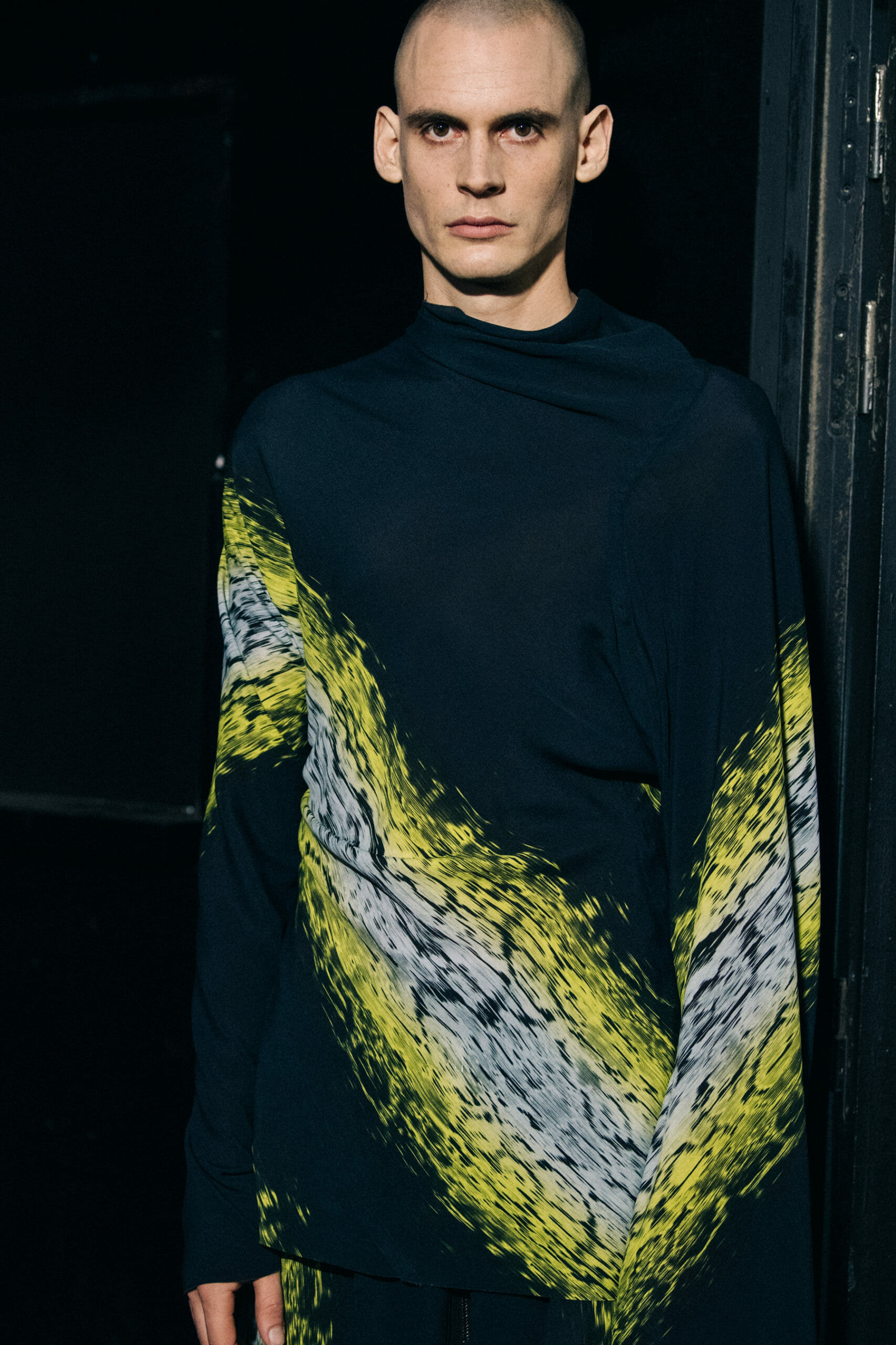 Model with shaved head