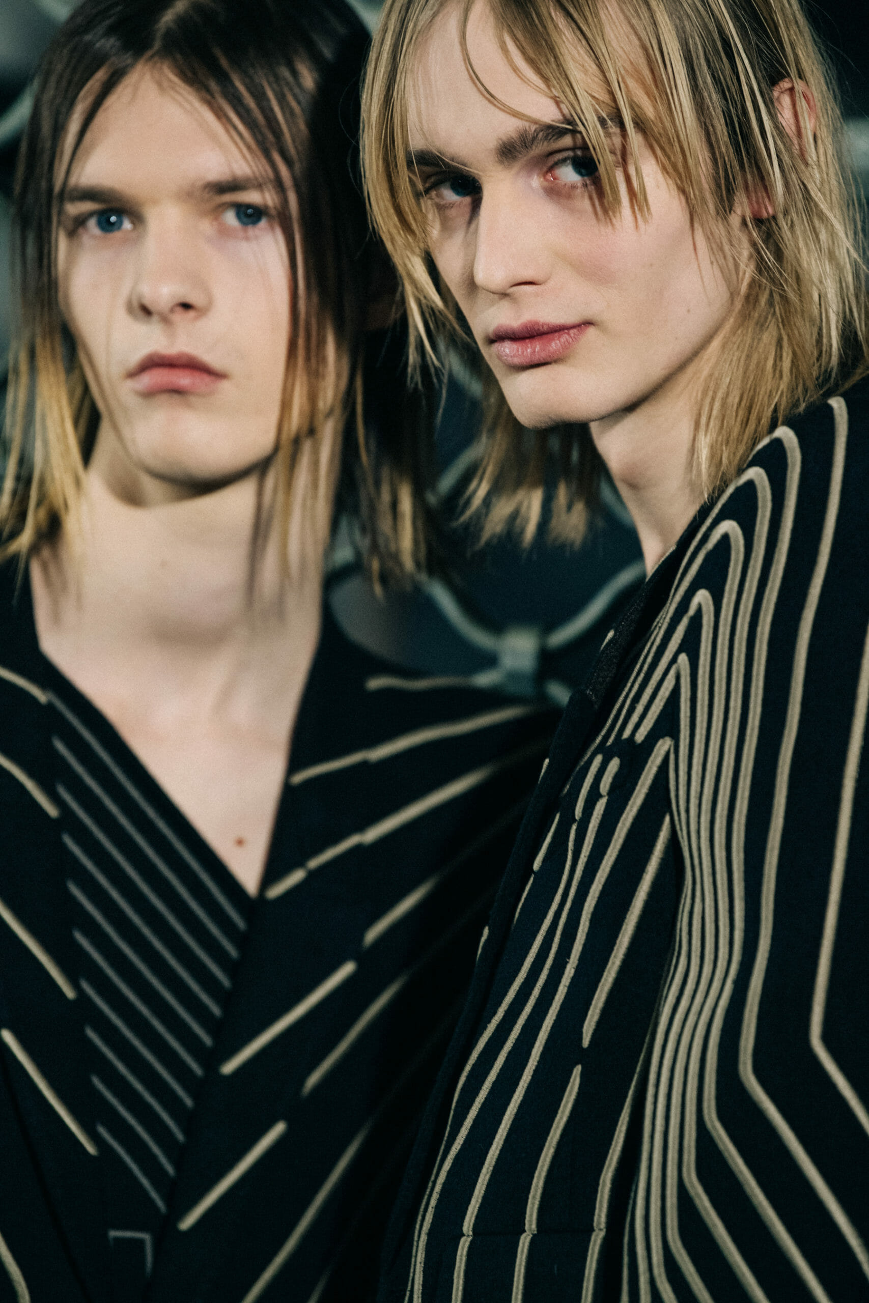 Model wearing striped Rick Owens suit