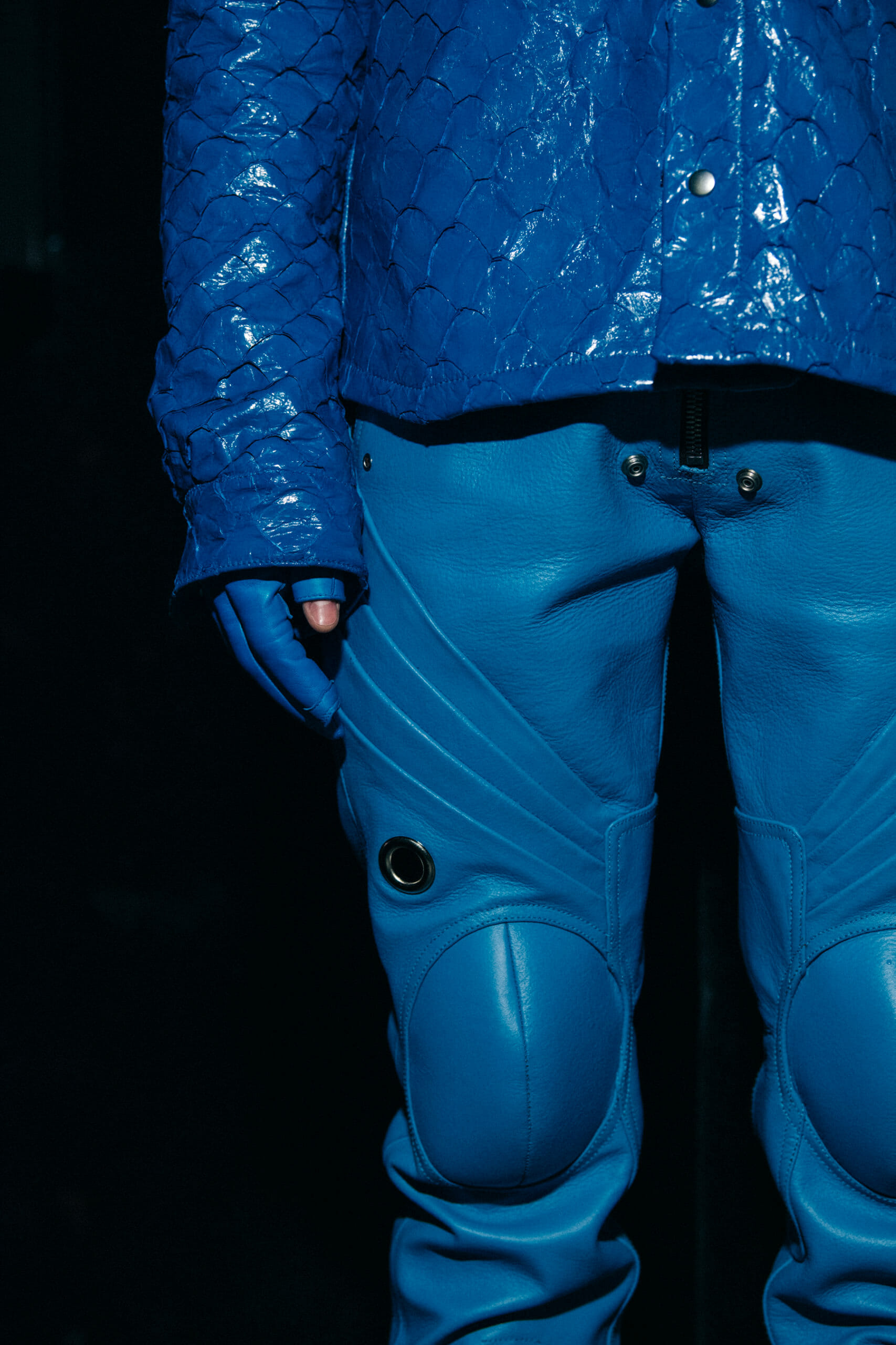 Model wearing blue Rick Owens outfit
