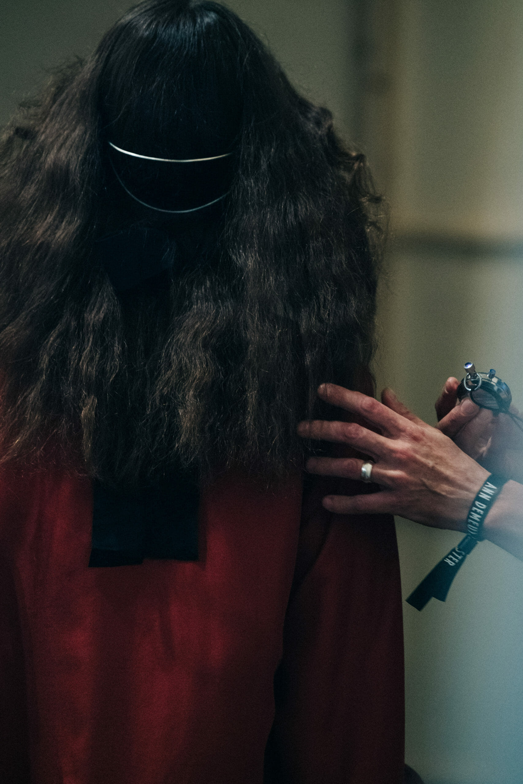 Models wearing metal headpieces at Ann Demeulemeester