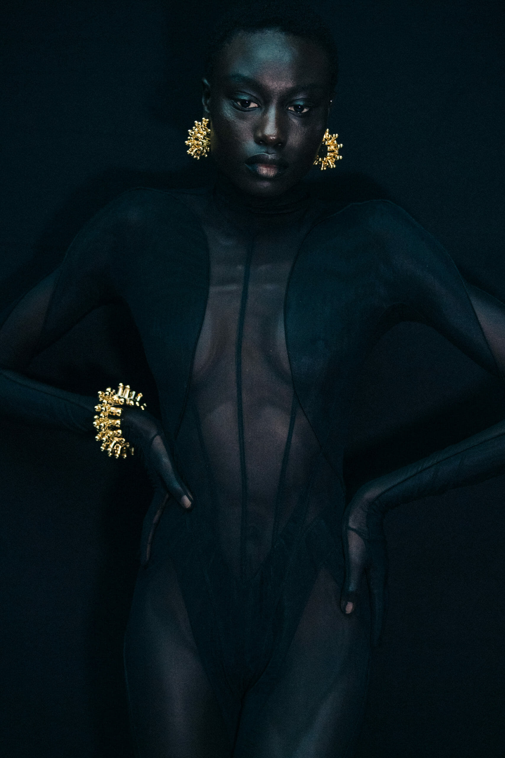 Model wearing lace Mugler dress